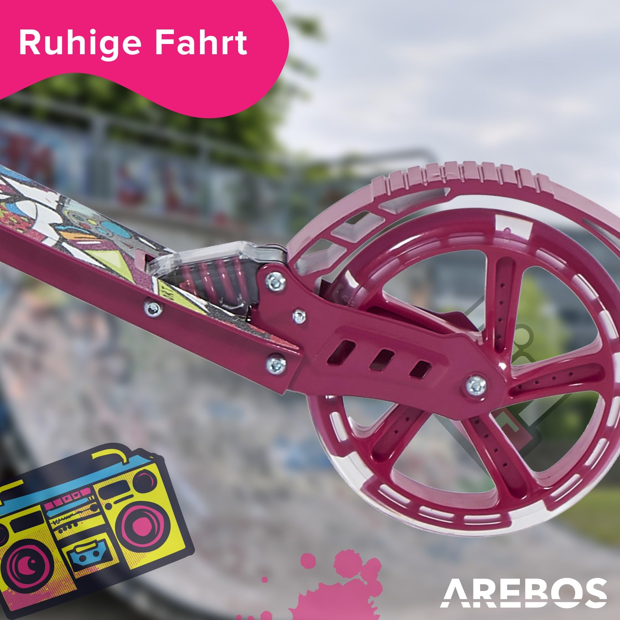 Arebos Cityroller Tretroller mit LED | höhenverstellbar | klappbar | inkl. Tragegurt | Hand- & Trittbremse | für Kinder und Erwachsene | bis 100kg belastbar Roller | Kickroller | Kickscooter