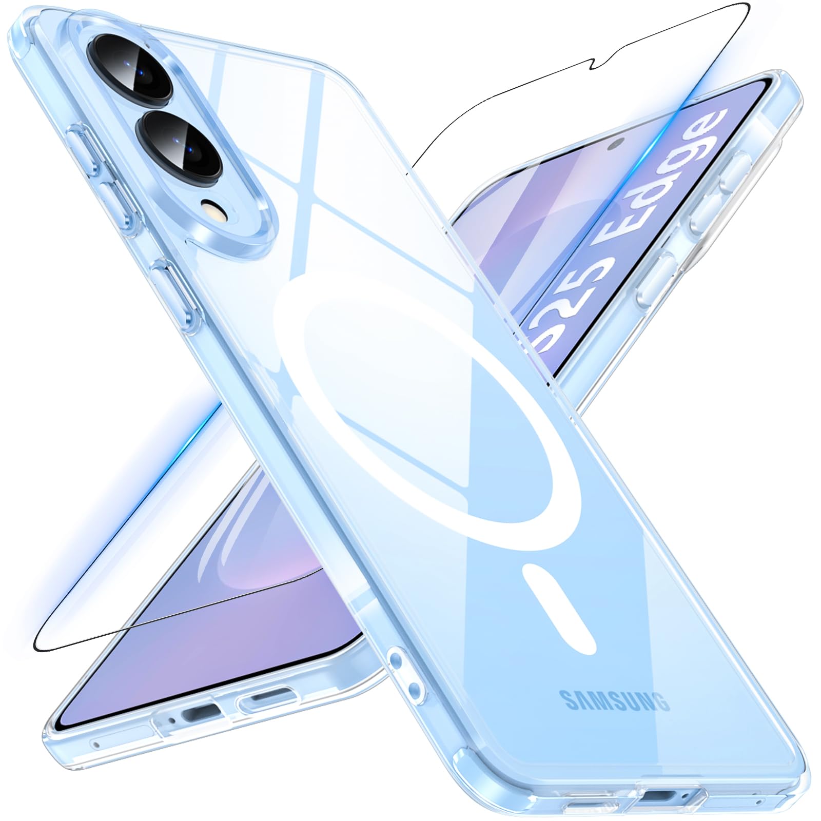 OWKEY for Samsung Galaxy S25 Edge Case 6.7'', Magnetic S25 Edge Case for Magsafe with Tempered Glass Screen, [Shockproof Military] Transparent Back Slim Bumper Cover Phone Case Galaxy s25 Edge, Clear