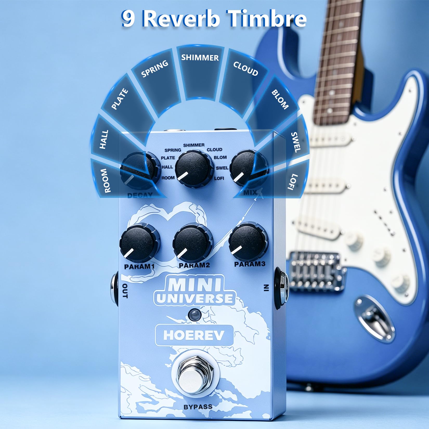 Hoerev Mini Universe Reverb Gitarren Effektpedal, 9 Reverb Effekte, Room/Hall/Plate/Spring/Shimmer/Cloud/Bloom/Swell/Lofi, True Bypass