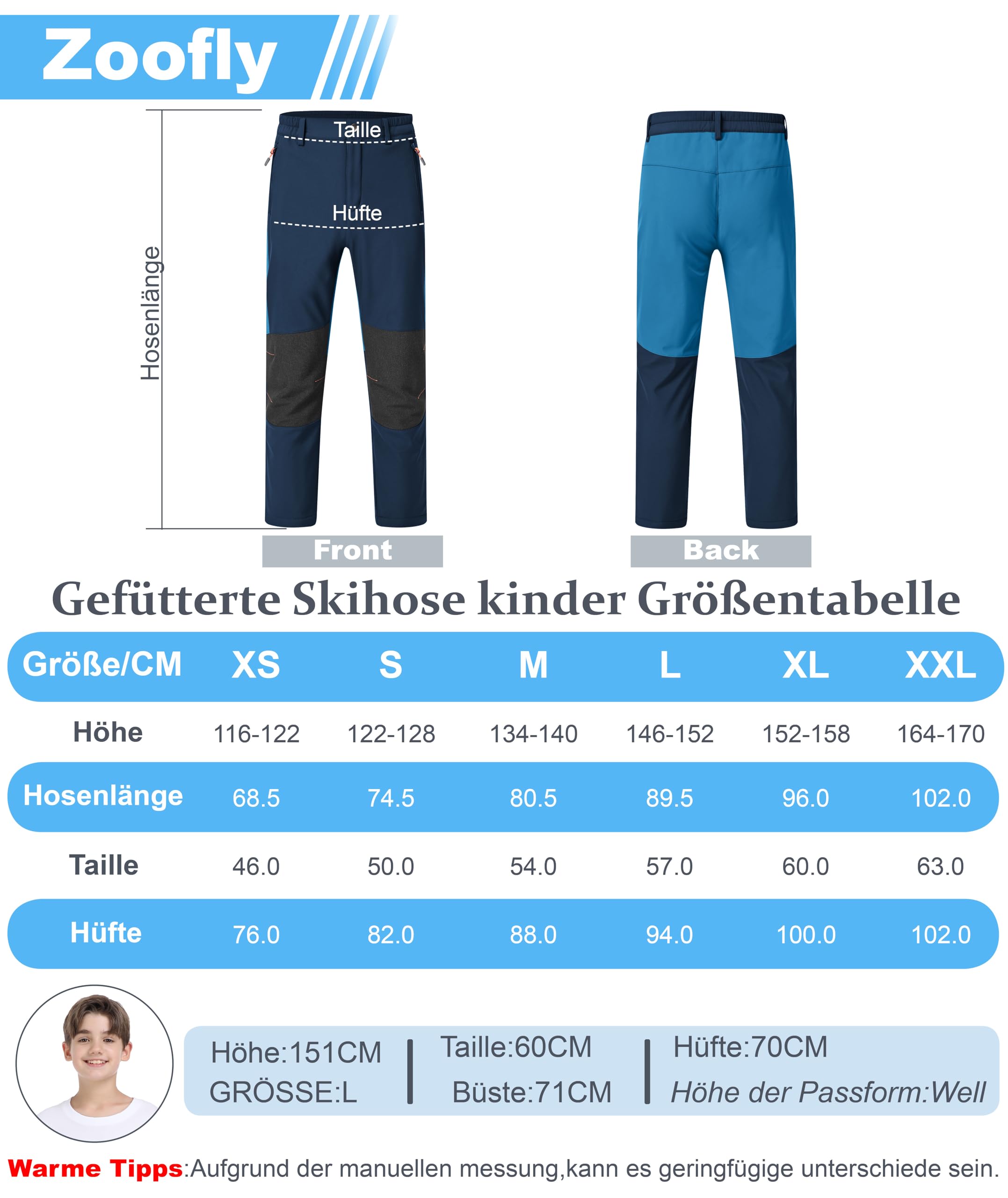 Zoofly Pantalon Ski Enfant Imperméable Chaud Fille Garçon Softshell