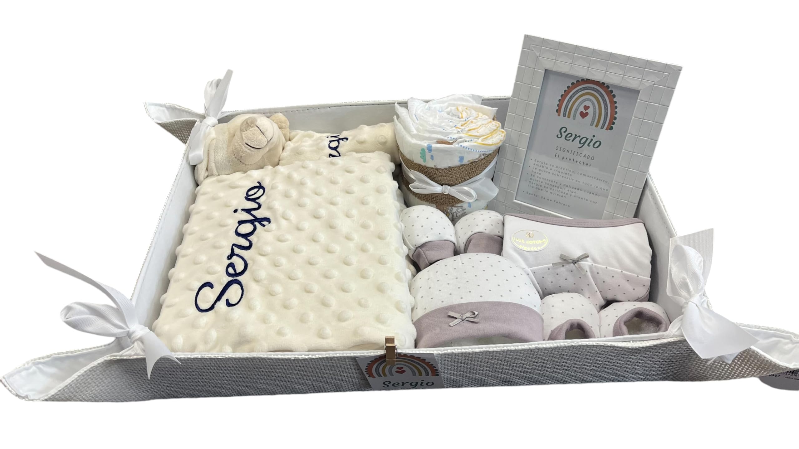 Danielstore Velvet Cesta para Regalo Recién Nacido, Canastilla Bebé Personalizada, Manta y Dou Dou Osito Bordada, Incluye Set de Primera Puesta y Pastel de Pañales (Deluxe 1 Beige)