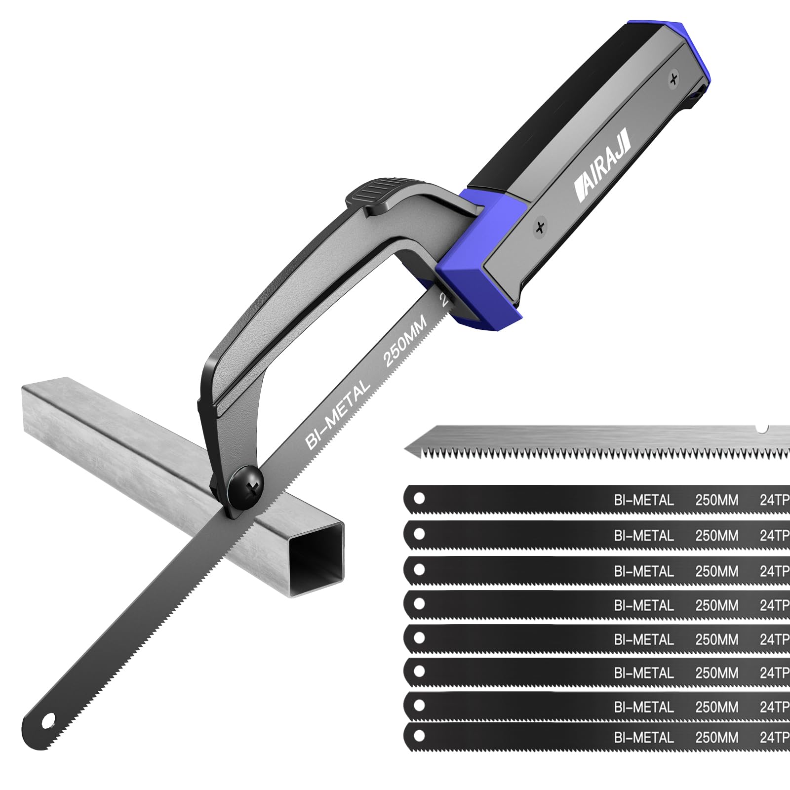 AIRAJ Junior Hacksaw,Compact Metal Saw,with 9 HSS Flexible Bi-Metal &1 Wood Blade,Hacksaw for Metal,Wood,Plastic Cutting,Aluminum Alloy Frame,PP+TPR Rubber Handle,for Use in Confined Spaces