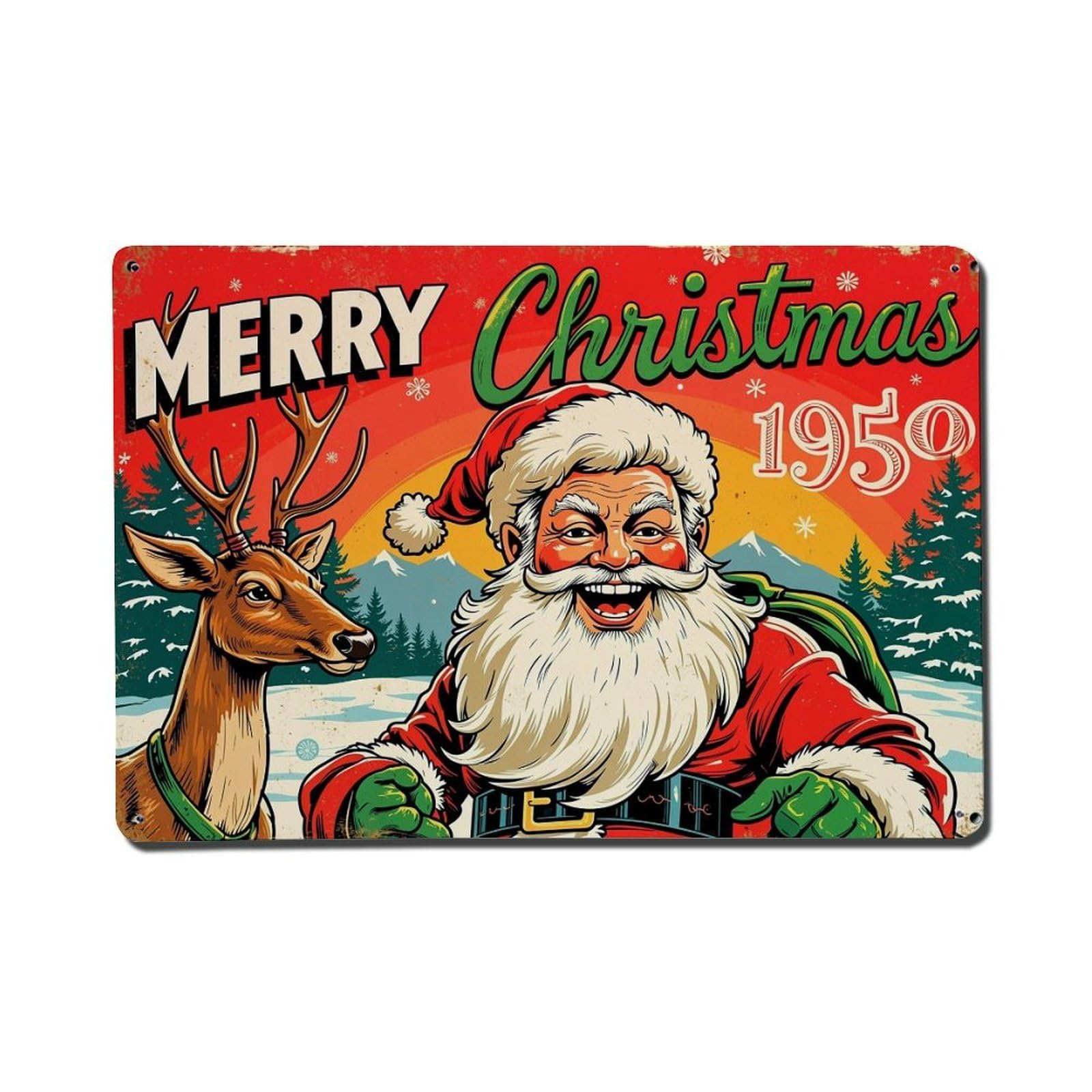 Merry Christmas Santa Reindeer Snow Vintage Tin Sign Retro Metal Wall Decor Metal Poster, Home Bar Garage Farmhouse Cafe Wall Art Decoration 8x12Inches