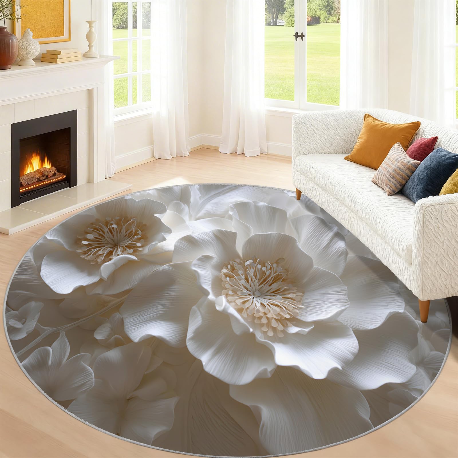 Tapis rond de pivoines blanches 3D de 2 m en relief