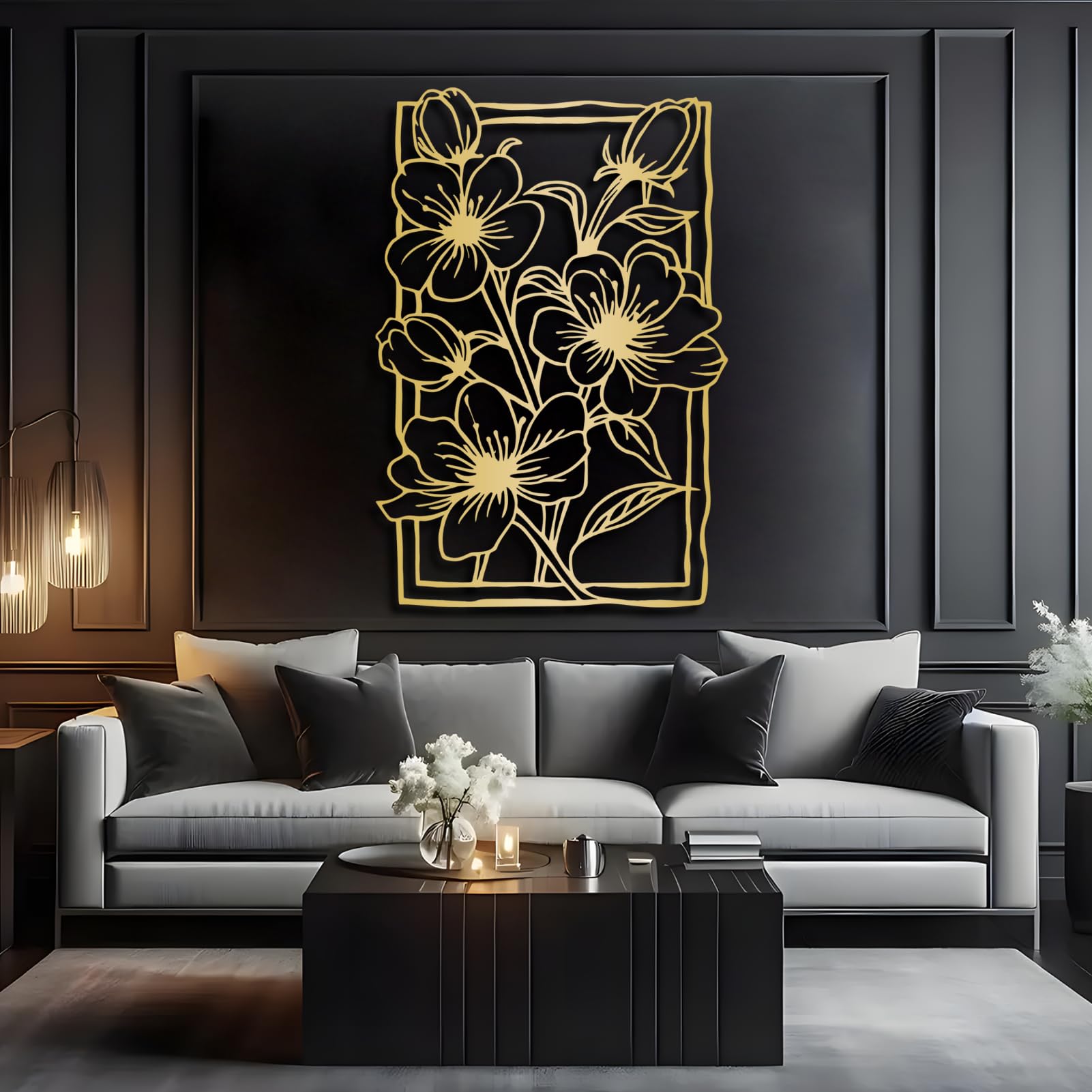 Décoration murale métal minimaliste moderne motif floral doré pour salon et chambre