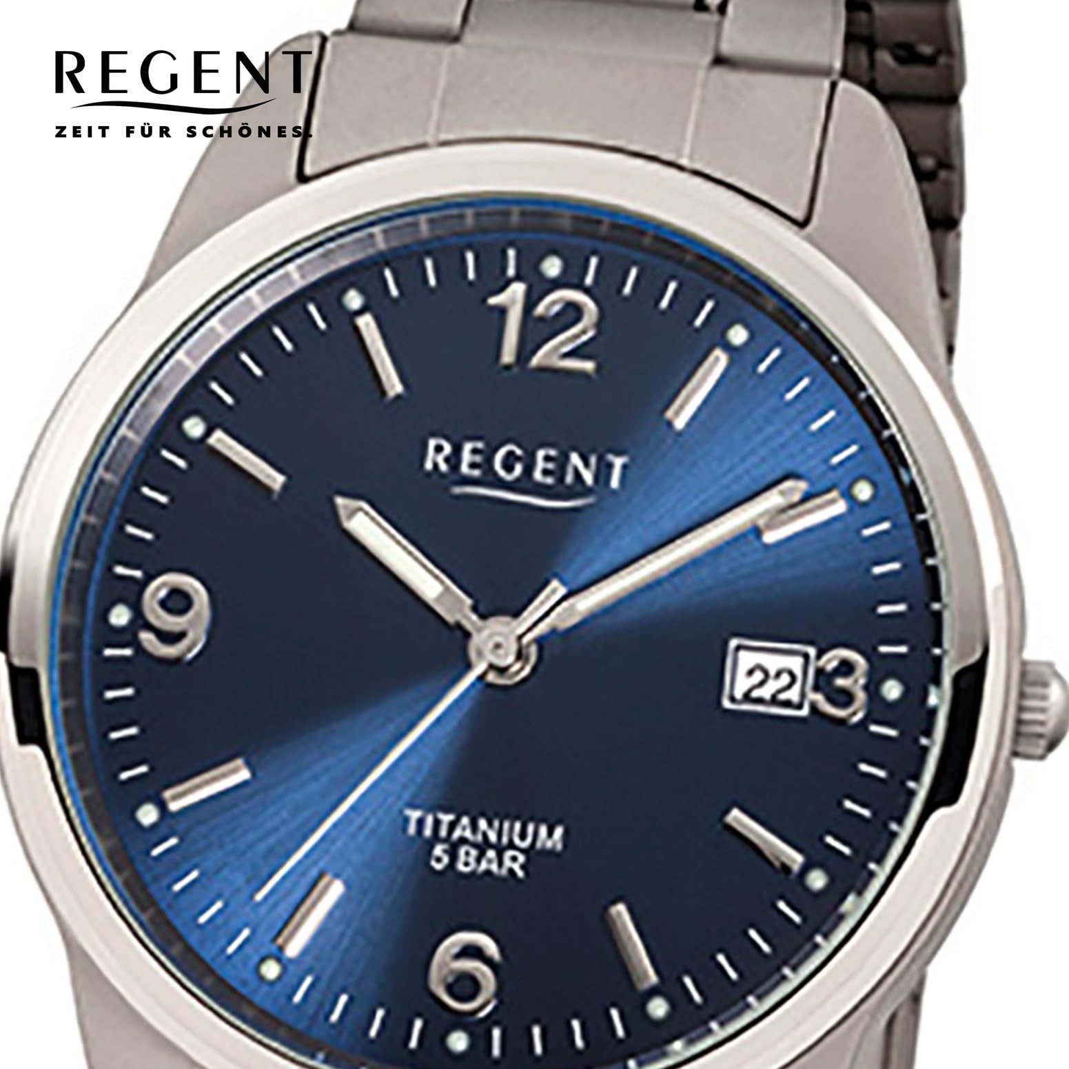 REGENT Zegarek męski z tytanowymi ogniwami bransoletka i tytanowa obudowa 36 mm średnica kwarcu cyfry arabskie data, niebieski, bransoletka