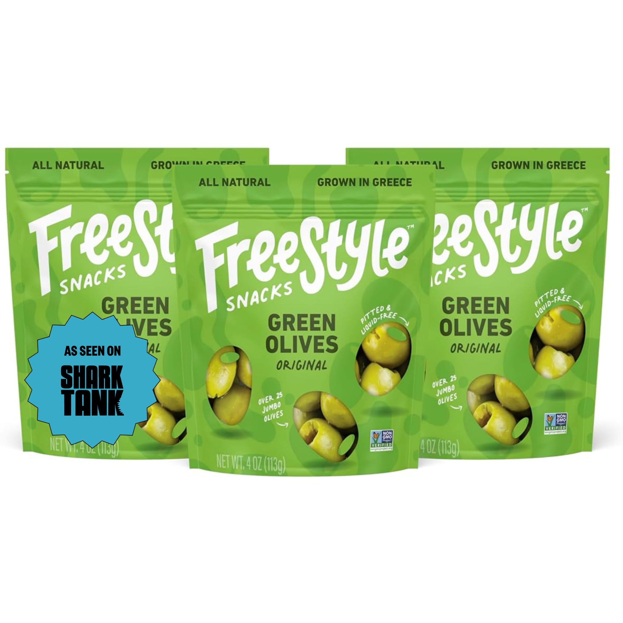 Freestyle Snacks Olive Snack Packs - As Seen on Shark Tank - Fresh Pitted Green Olives, Jumbo-Sized, Grown in Greece, All Natural, Non-GMO, Sugar-Free, Low Calorie Snack - Original, 4oz (3 Pack)