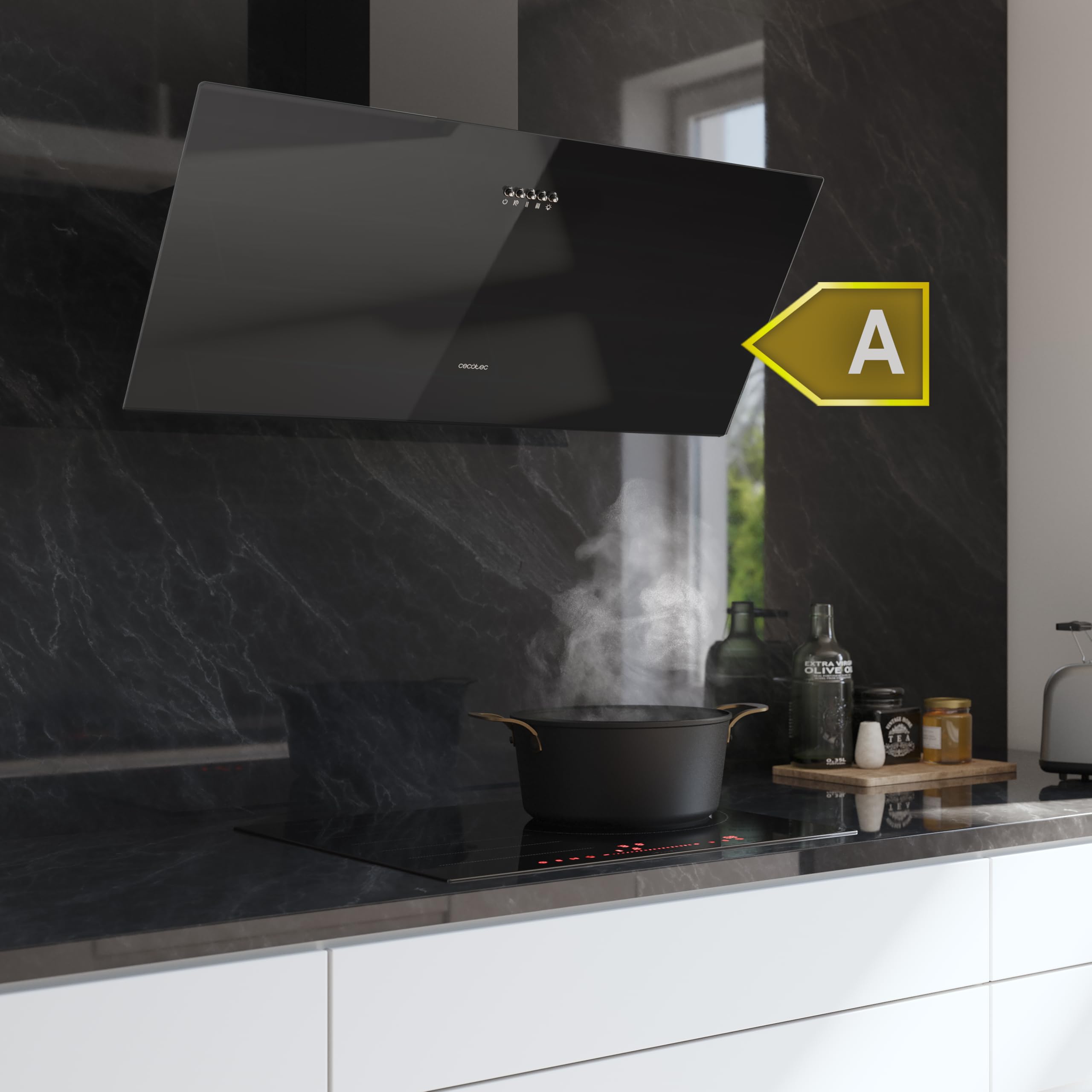 Cecotec Cappa Decorativa 90 cm Bolero Flux DM 906500 Glass Black A. Motore 165W, Basso Consumo, Fronte Vetro Nero, Aspirazione 650m³/h, Controllo Meccanico, 3 Livelli Potenza, Filtro a Carboni Attivi