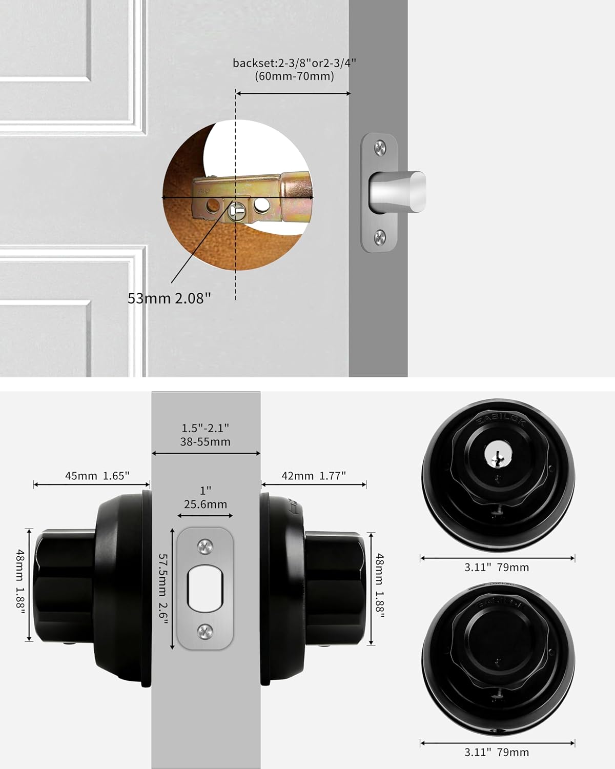 Twist to Lock Deadbolt Lock Without Any Keys with Anti-Mislock Button Front Door Lock Door Knob Set with Single Cylinder Stainless Steel casiting Promise Never Rust Night Latchenchanced Safety Silver