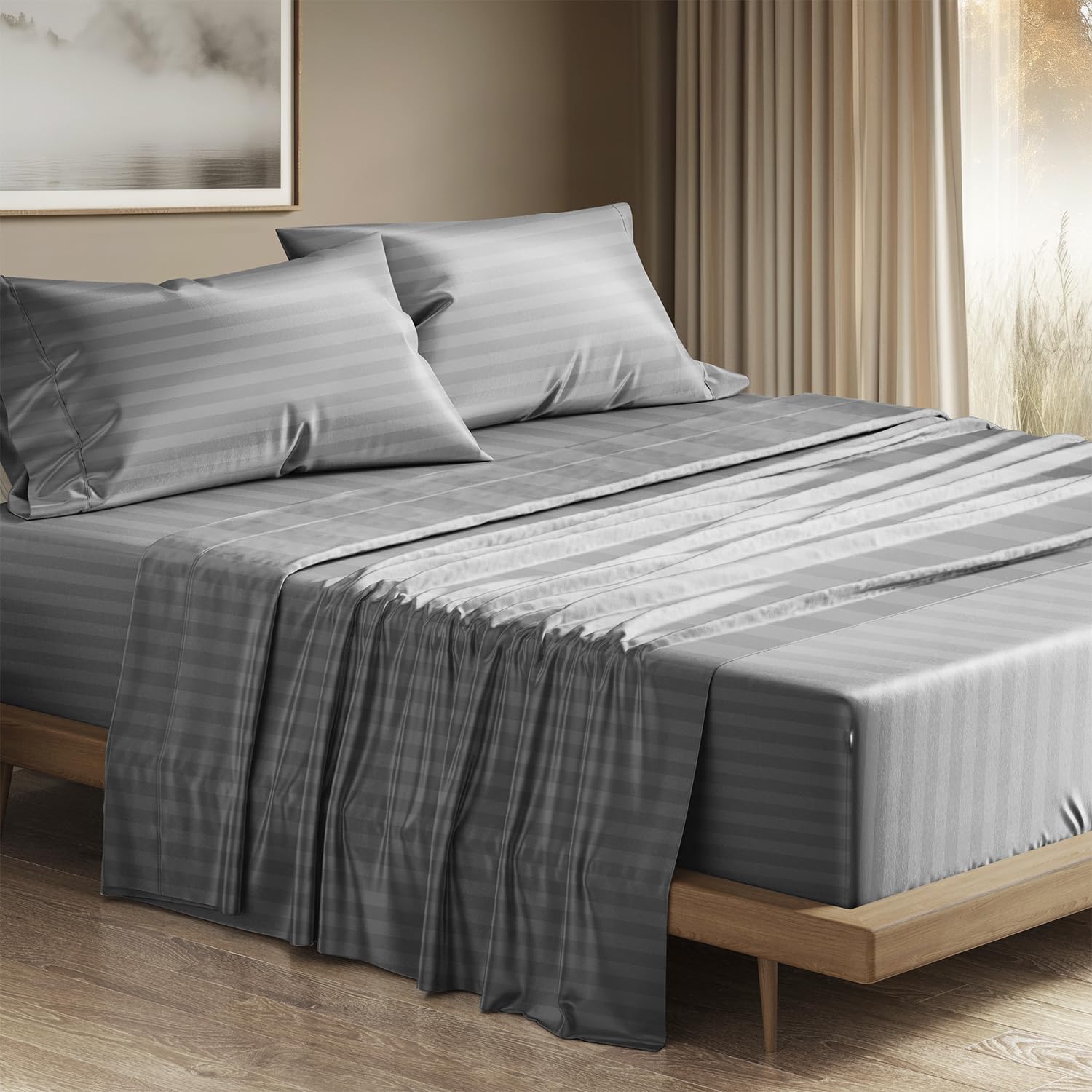 THREAD SPREAD Egyptian Cotton Sheets King Size - 1200 Thread Count 4 PC Damask Sheet Set Egyptian Cotton, Luxury Sheet King Size, Soft, Cooling Deep Pocket Sheets, Fits Upto 19" - Dark Grey Stripe