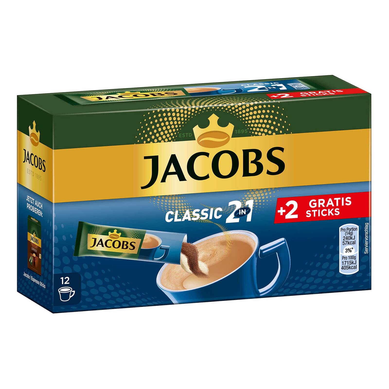 Jacobs Kaffeespezialitäten 2 in 1, 144 Sticks mit Instant Kaffee, 12 x 10+2 Getränke, Nur für kurze Zeit