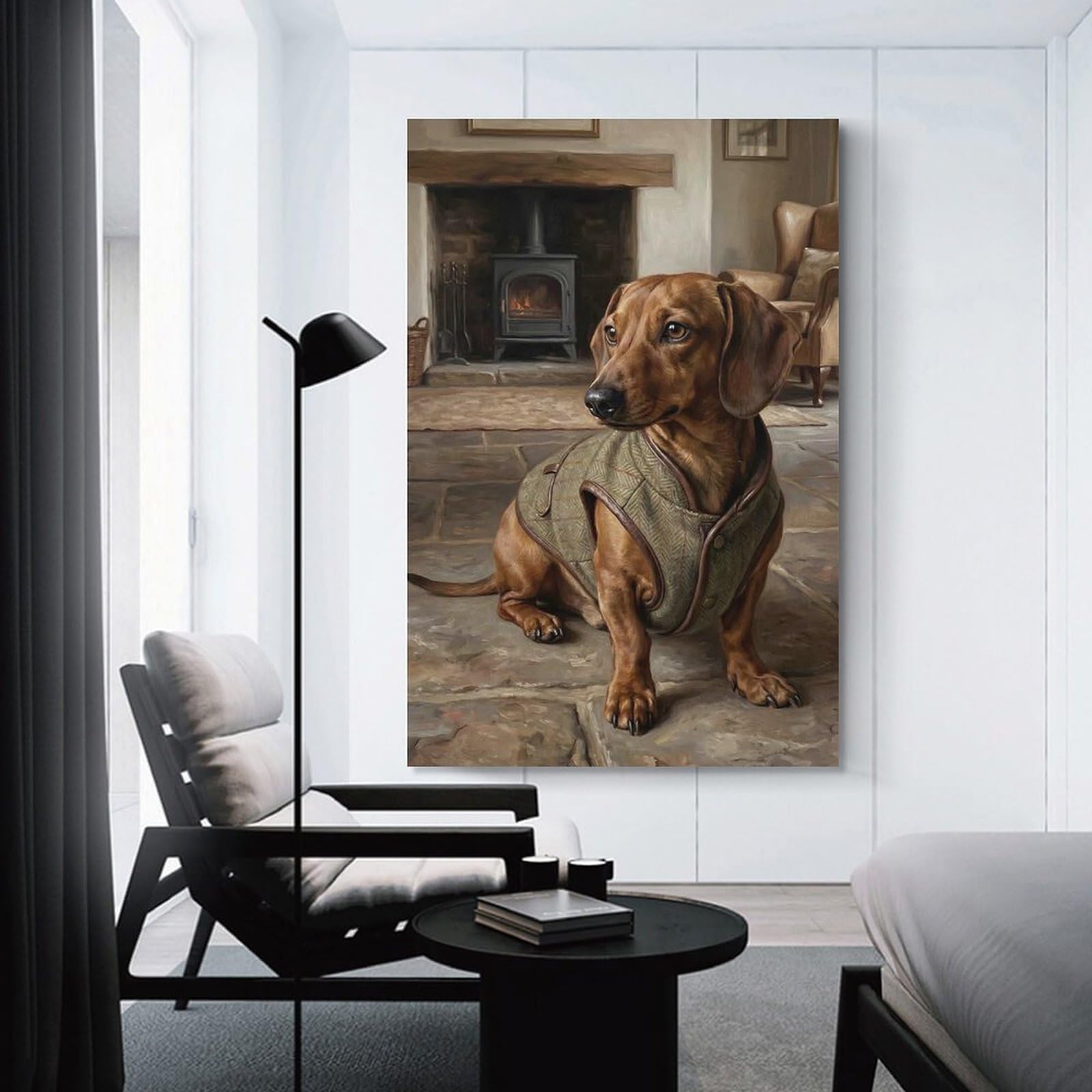 Junmoney Dachshund in Tweed Vest by Fireplace Decorative Wall Artwork, 08x12inch(20x30cm), for New Homes, Bedrooms Or Workspaces, Gift Idea for Housewarming And Birthdays