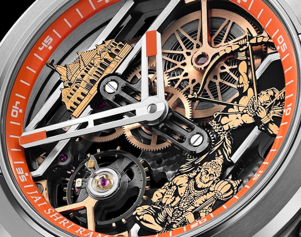 Image of Luxury full Automatic Shree Ram Edition Watch for Men Heavy Open Machine Design with Orange Straps, Shri Ram ji & Hanuman ji Artwork, Ayodhya Mandir Dial | Premium Wrist watch 41mm Bezel [5 Year warranty]