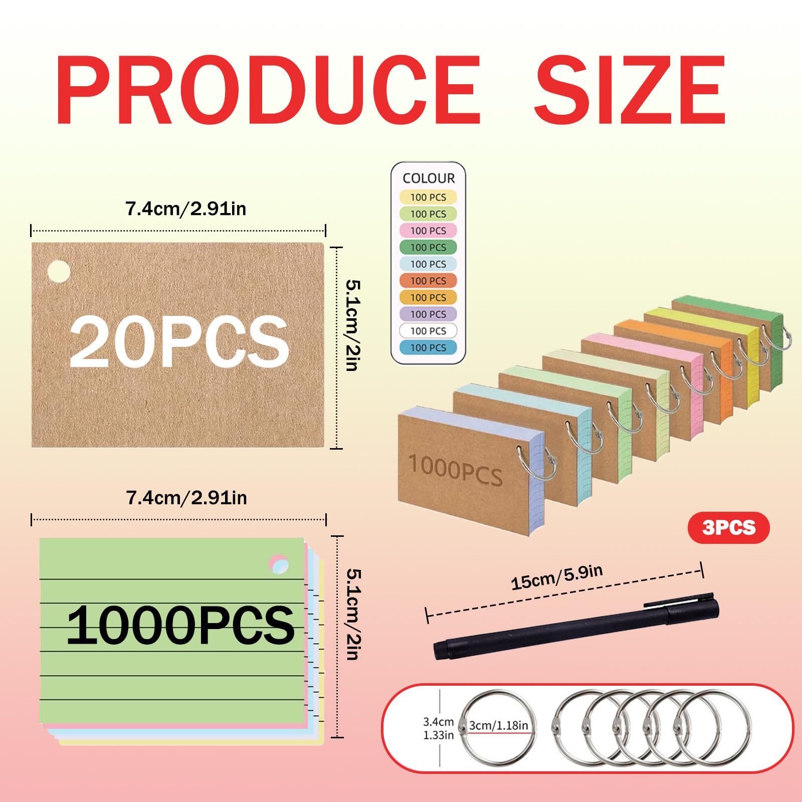 Flashcards A8 Cartoncini Colorati A Righe Con Penna 1000 Pezzi 10 Colori Per Apprendimento