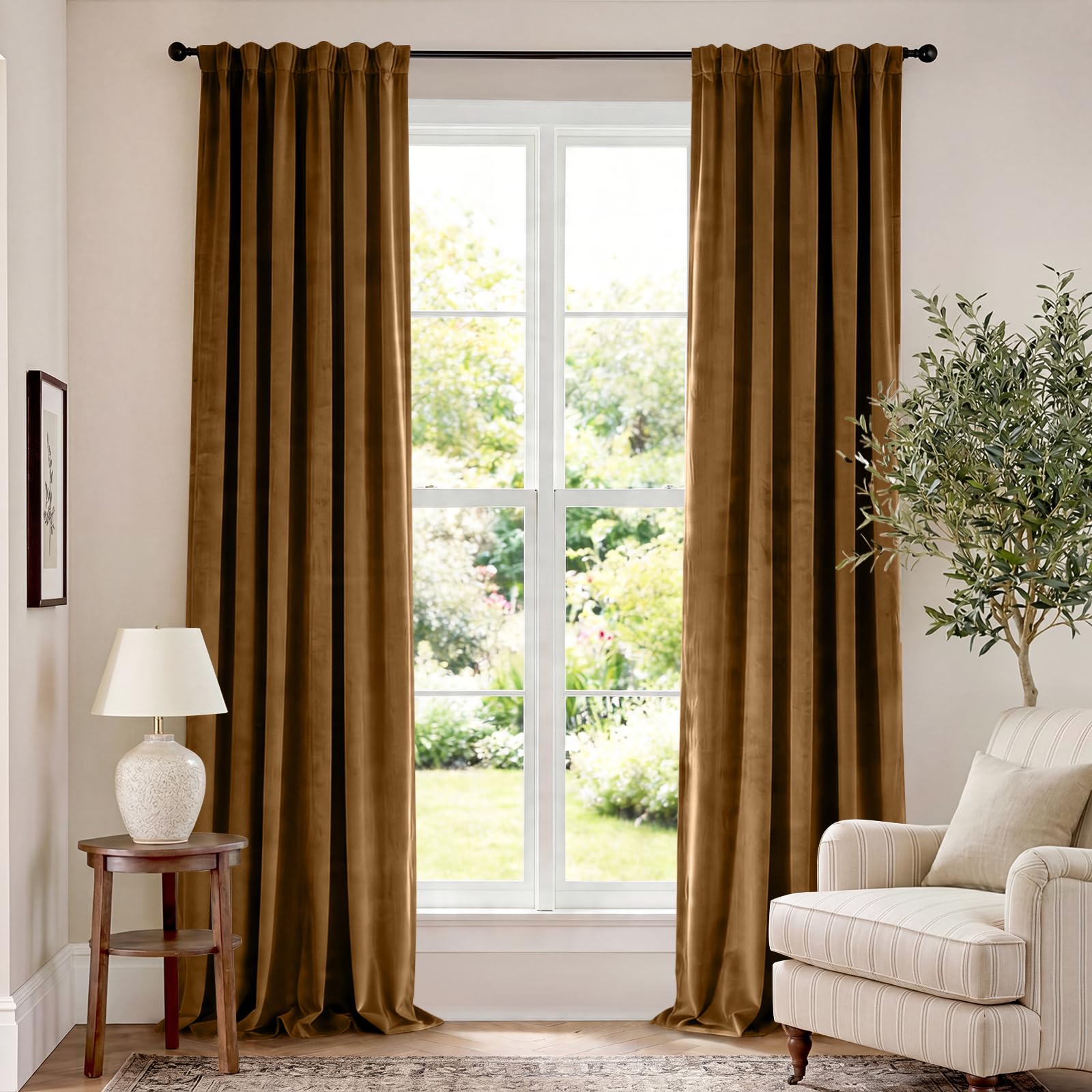 Lazzzy Velvet Curtains Brown Blackout Curtains Thermal Insulated Drapes for Bedroom Living Room Darkening 120 Inches Extra Long Window Treatments Super Soft Luxury Rod Pocket 2 Panels Gold Brown โ image 1