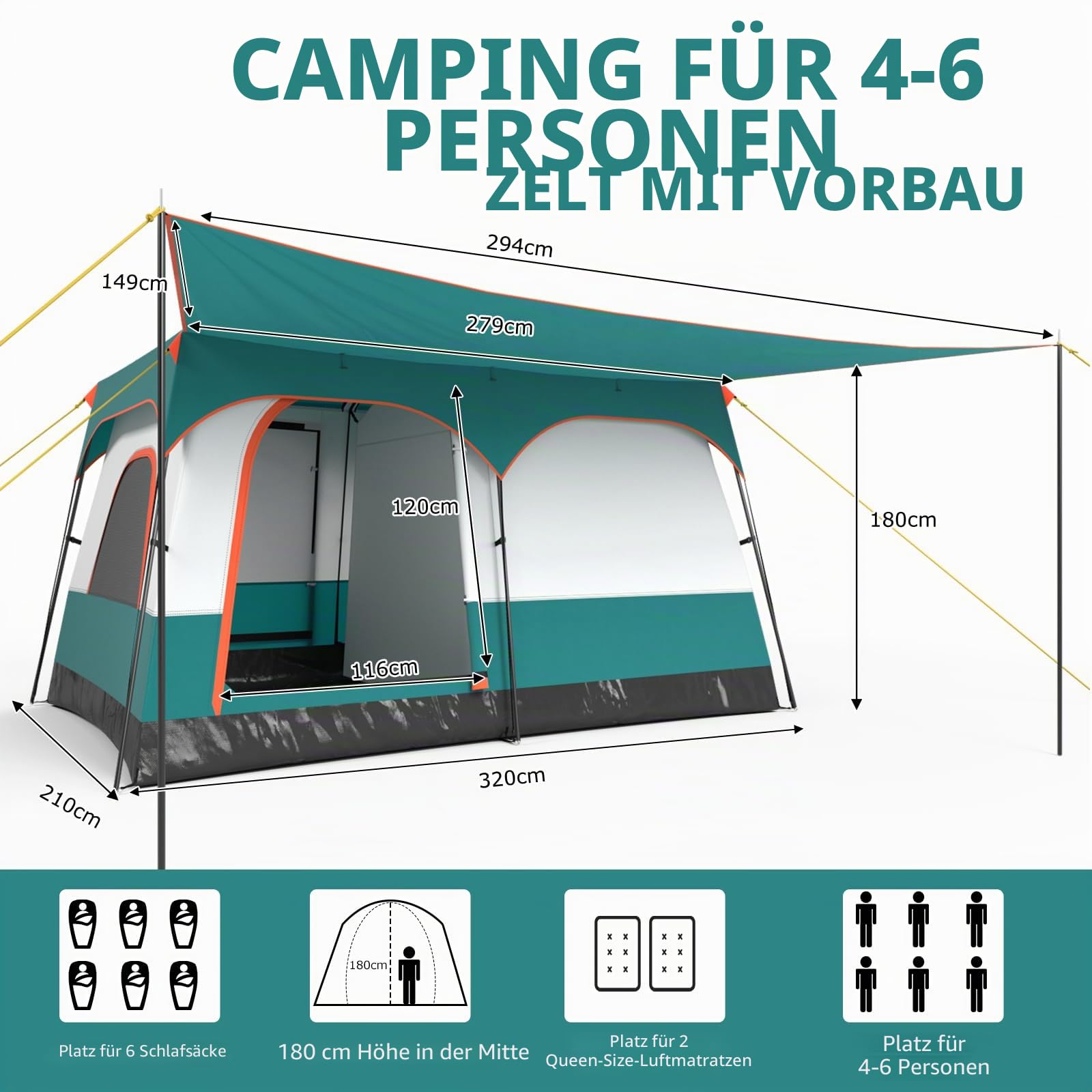 HOMASIS Tunnelzelt für 4-6 Personen, Zelt mit Vorzelt & Boden, Campingzelt mit 2 Räumen, 2 Eingängen, 2 Fenstern & Oberlicht, Familienzelt mit Tragetasche für Camping Hiking Trekking