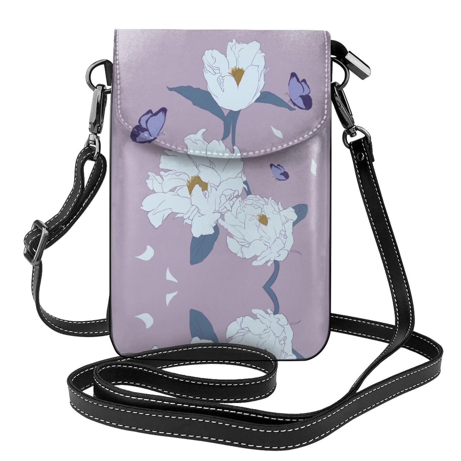 YYHHAOFA women Small Cell Phone Purse White peony Prints Soft, durable and waterproof PU leather Convenient for daily use and travel