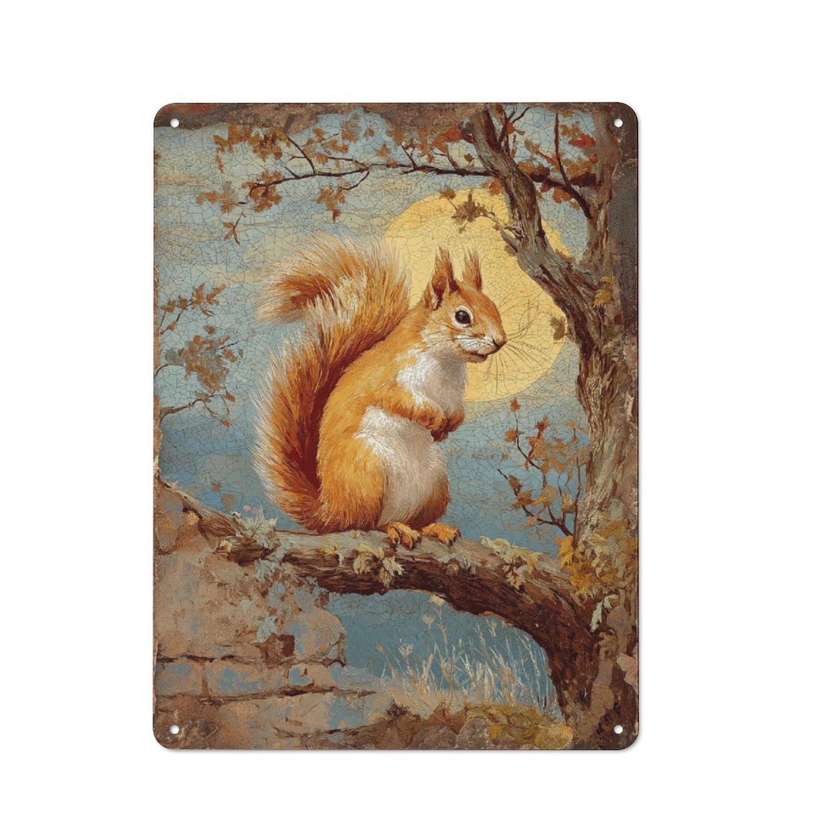 Junmoney Autumn Squirrel On Branch Retro Metal Wall Sign 40X30cm For Hobby Room Or Studio, For Garage, Workshop And Man Cave Decoration