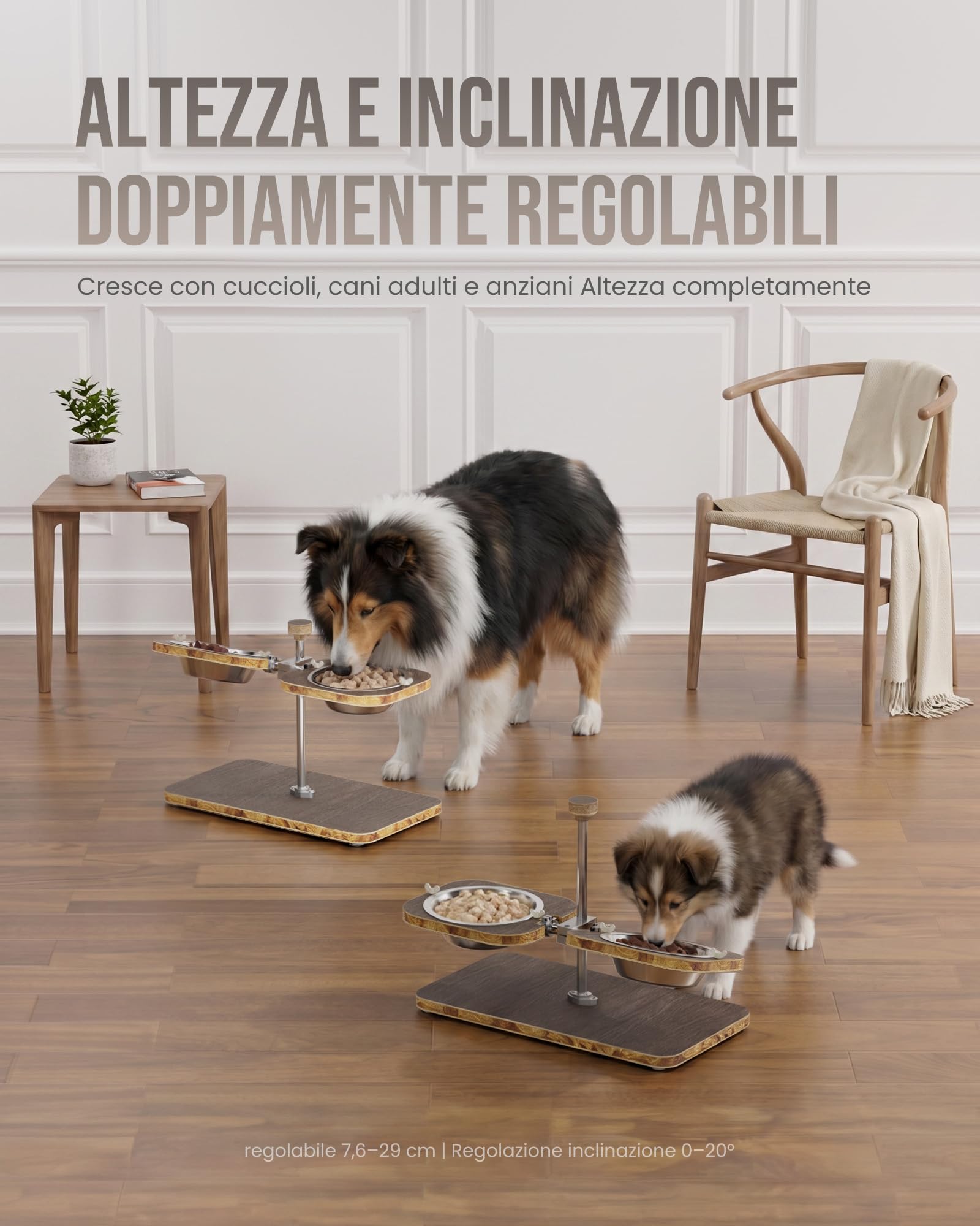 kittyspout Ciotole rialzate per cani, regolabili in altezza e inclinazione | Struttura FSC classe E0, 2 ciotole in acciaio inox lavabili in lavastoviglie e base antiscivolo