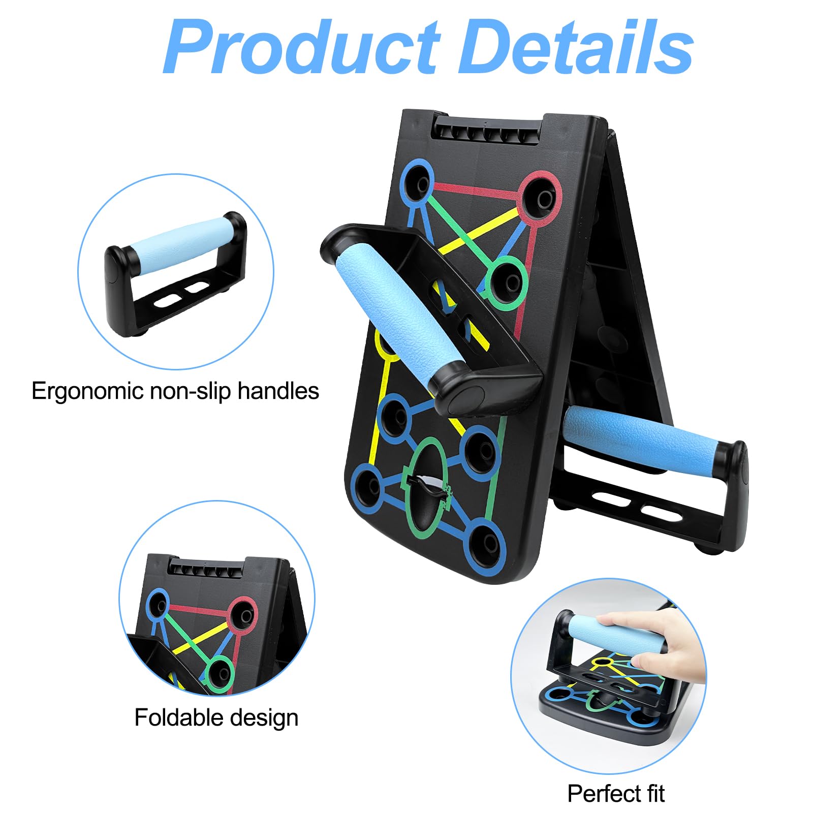 Dromzen Portable Planche Pompe, Planche Pompe Musculation avec Antiglisse Poignées, Planche Push Up, Push Up Board, Push Up Board Pliable avec 2 Bande de Résistance, Push Up Bar pour Muscles Exercice