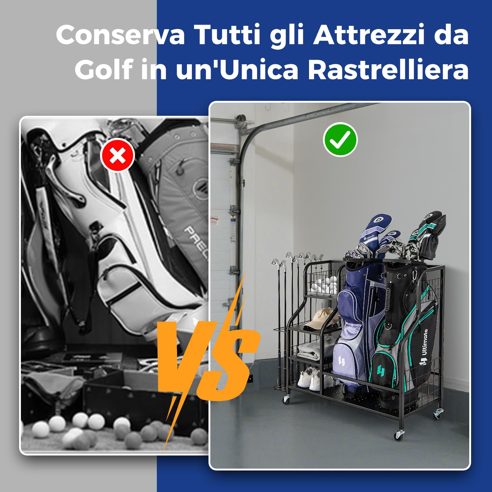 COSTWAY Organizer per Sacca da Golf, Supporto per 2 Borse da Golf con Extra Scaffale di Stoccaggio per Mazze da Golf, 6 Ganci Rimovibili e 4 Ruote per Garage e Club