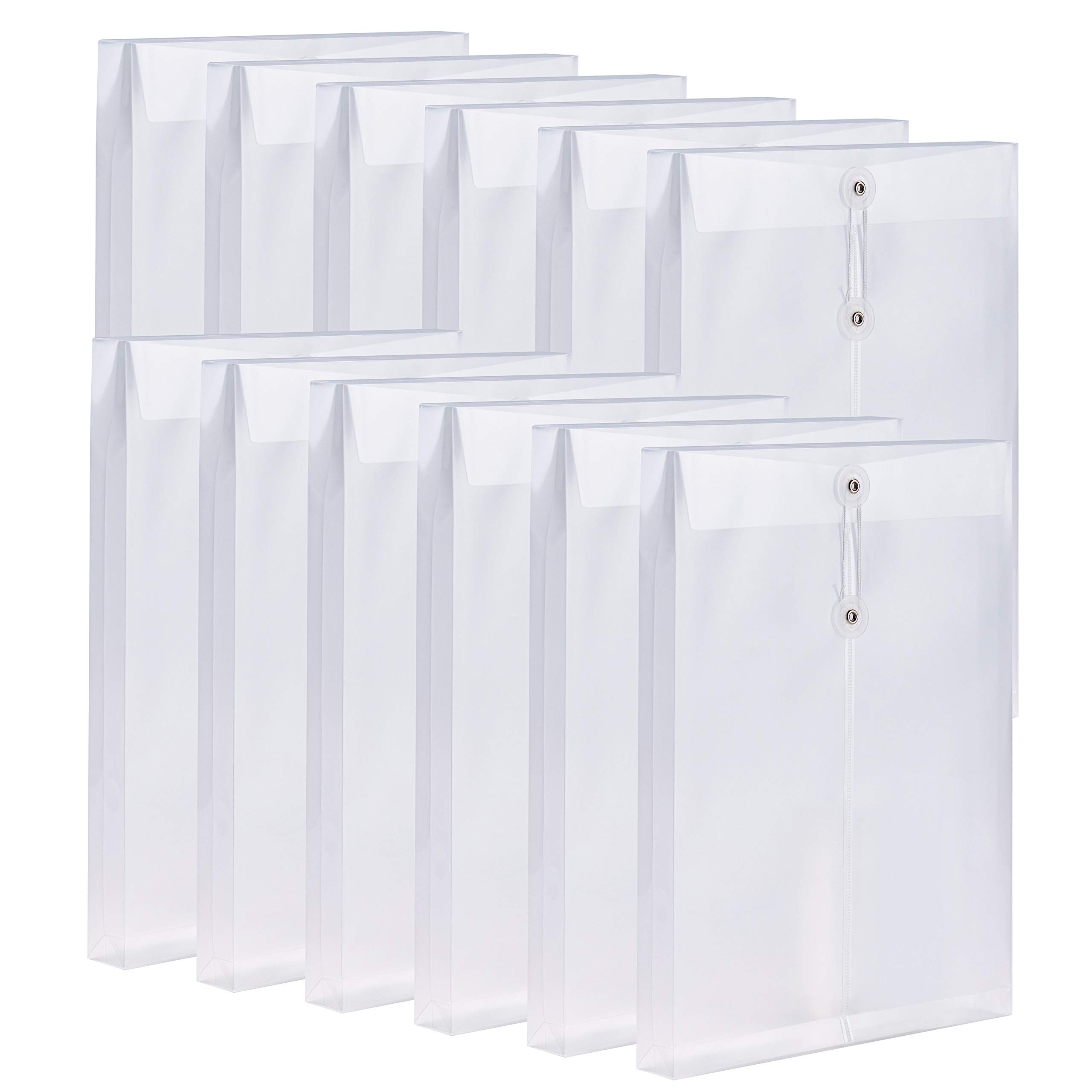 JIZISO 12 Pack Clear Plastic Envelopes Poly Envelopes Expandable Files Document Folders with Button & String Tie Closure - Letter A4 Size - 1-1/4 Inch