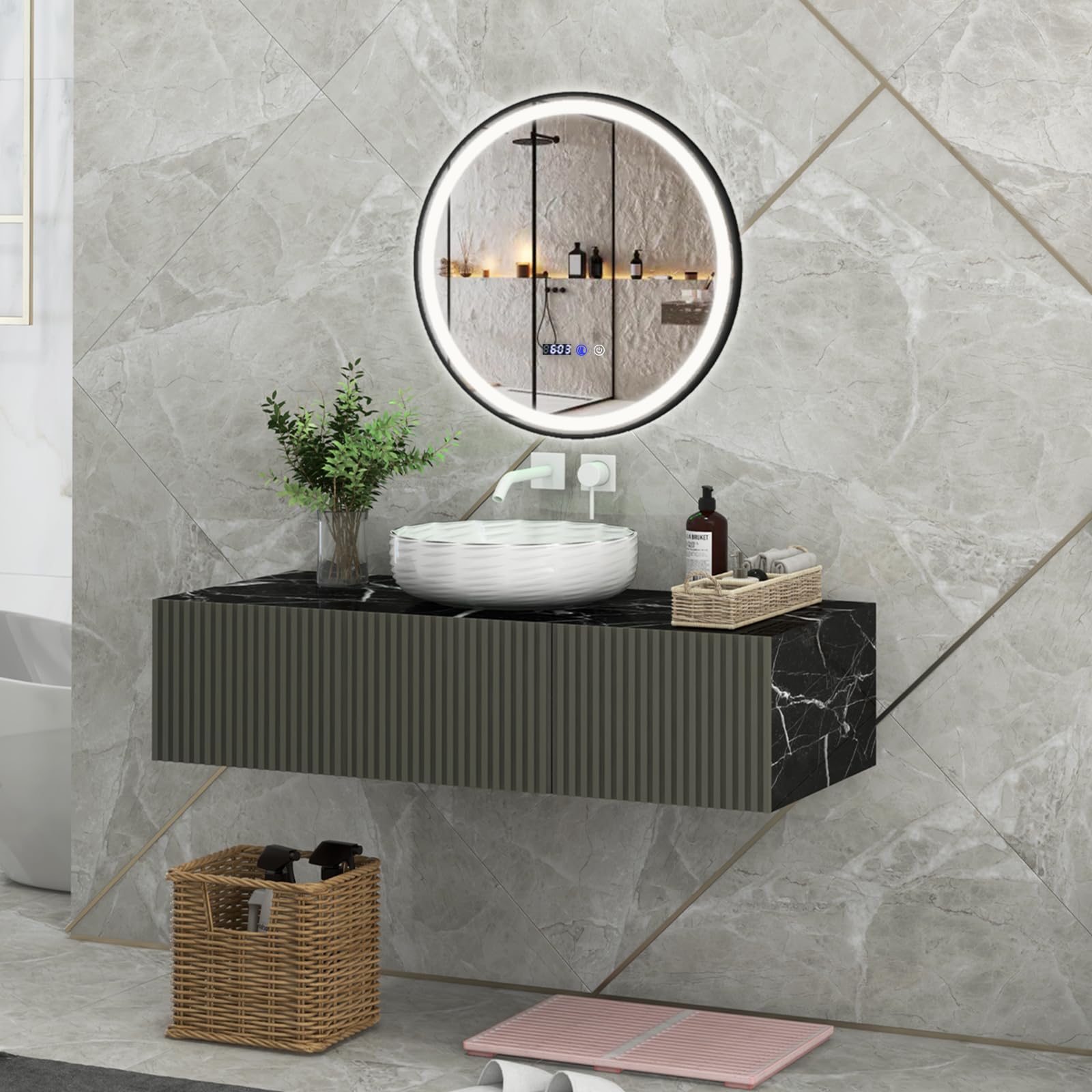 COSTWAY Podświetlane lustro łazienkowe LED, ścienne, 3-kolorowe światło LED, funkcja pamięci i funkcja zapobiegająca zaparowaniu, okrągłe lustro kosmetyczne do łazienki, 60 cm