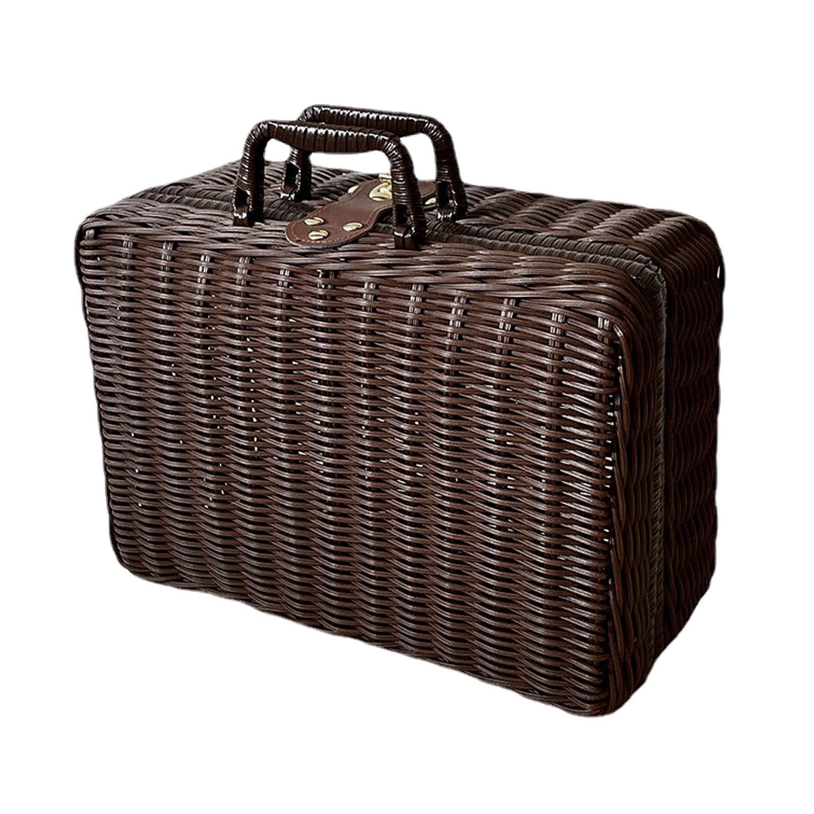 Cestino da Picnic, Cestino Portaoggetti Intrecciato, Contenitore Impilabile, Valigia retrò di Plastica, Cesto per Picnic, Festa al, Marrone, XL