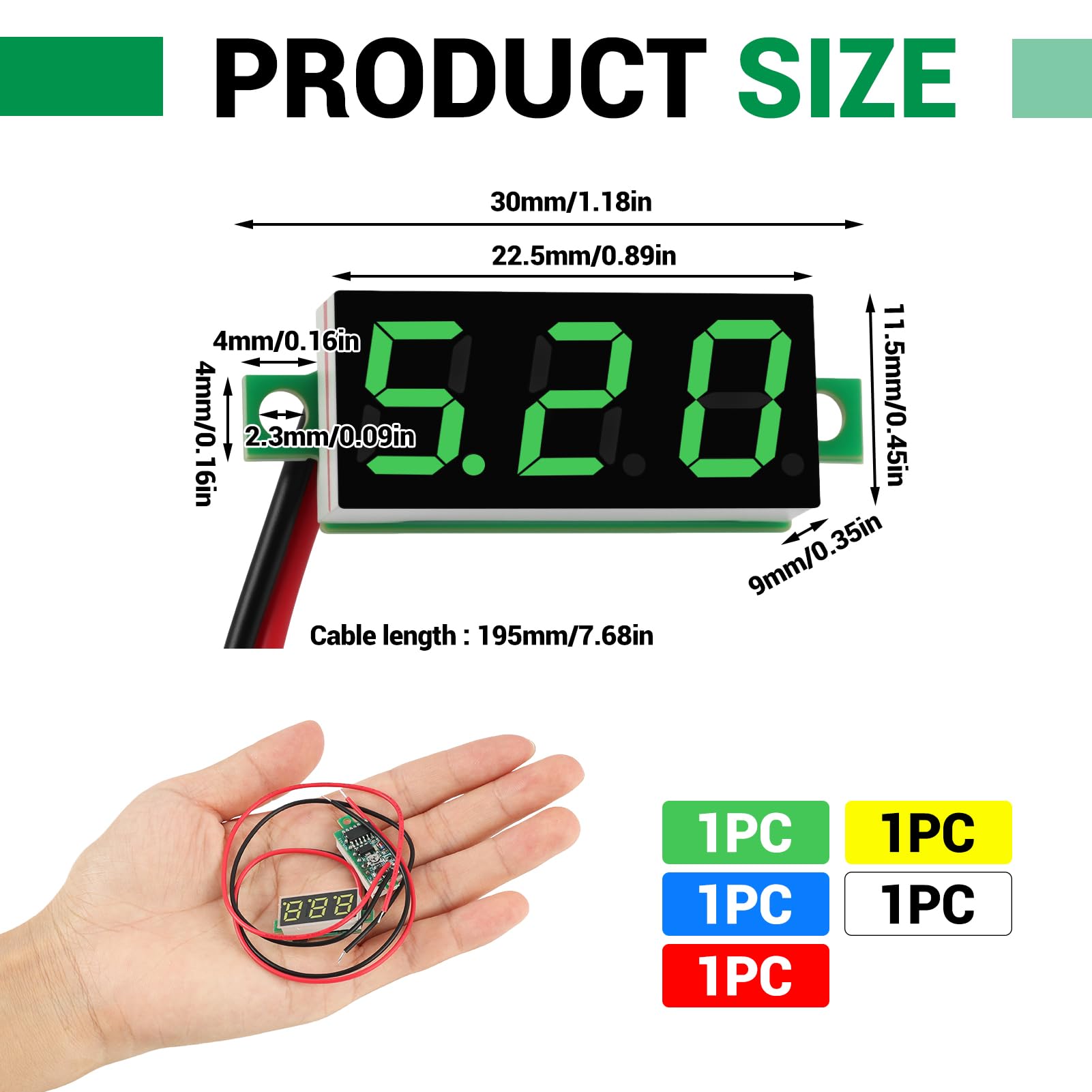 5 Pezzi Mini Voltmetri Digitali, Voltmetro DC Digitale 0.28 Pollici, 2.5V-40V DC con Protezione Inversione Polarità, Display LED, Adatti per Misurazioni Accurate della Tensione, 5 Colori
