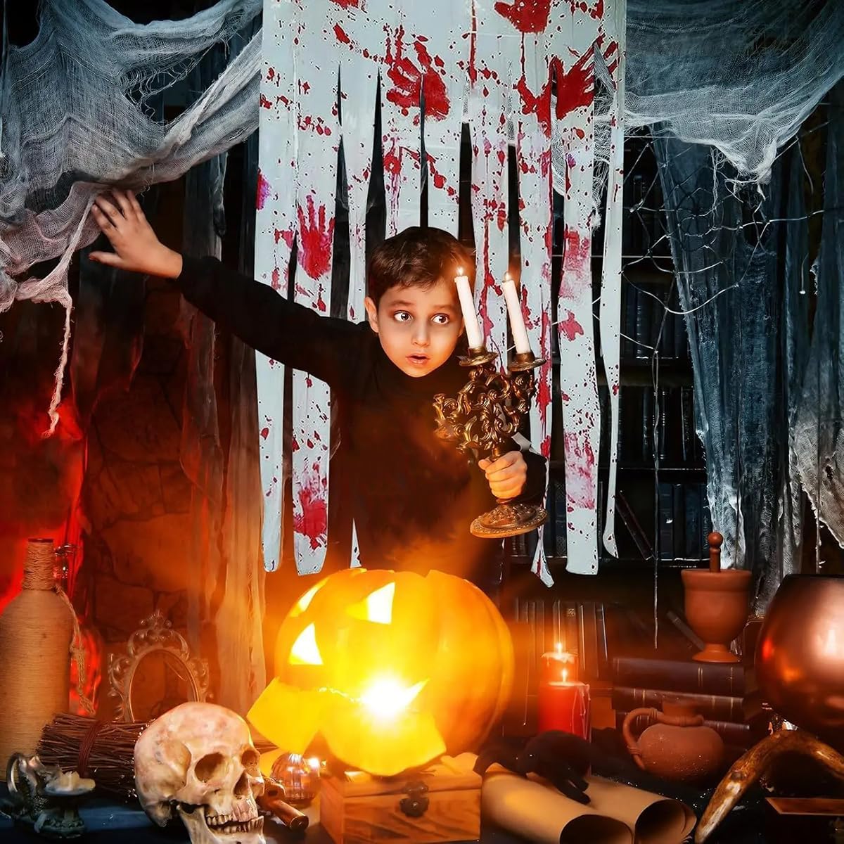 Queenbox 39.3x62.9in 10pcs Red Handprint Halloween Curtain, Scary Creepy Blood Bathroom Tulle Curtain for Haunted House Party