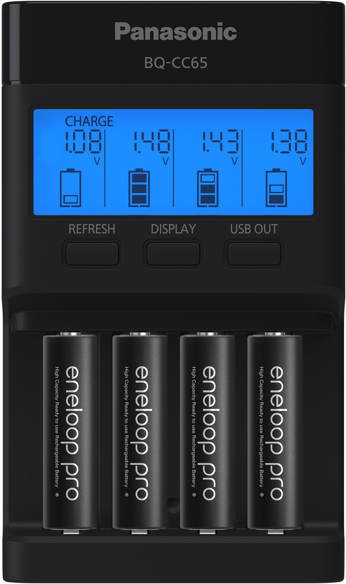 K-KJ65KHA4BA Super Advanced 4-Position Quick Charger with LCD Indicator Panel, USB Charging Port and 4AA eneloop pro Rechargeable Batteries, Black