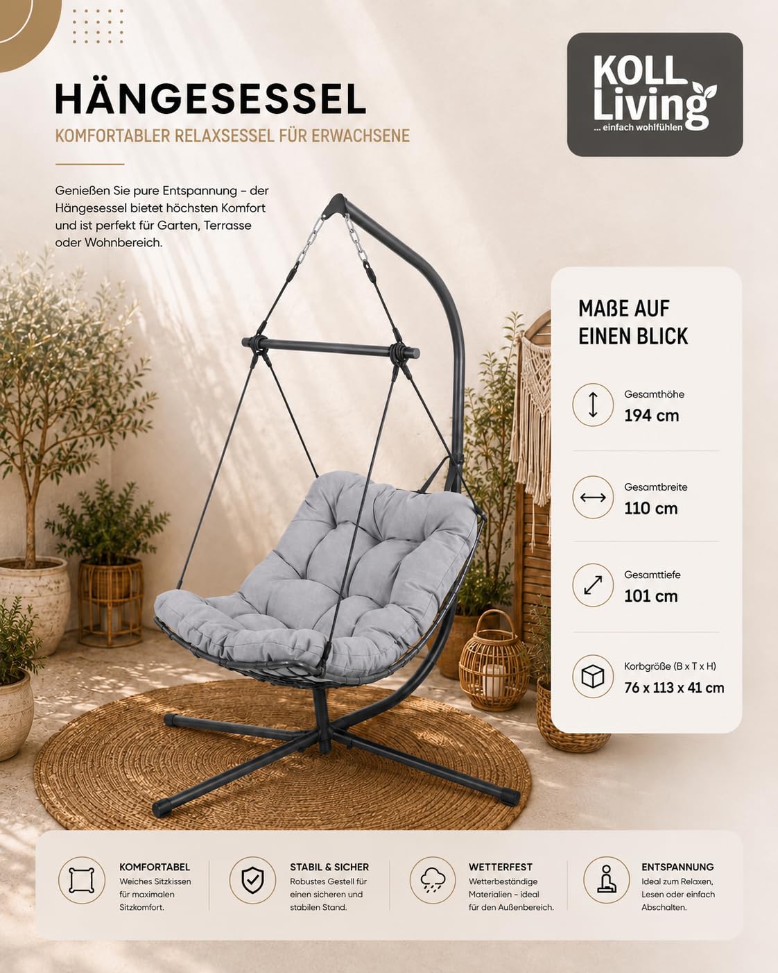 Koll Living Outdoor Hängesessel Nova | Dunkelgrau/Hellgrau | B110 x T101 x H194 cm | Stahlgestell pulverbeschichtet | UV-beständig & belastbar | Relaxsessel für Garten, Balkon & Terrasse