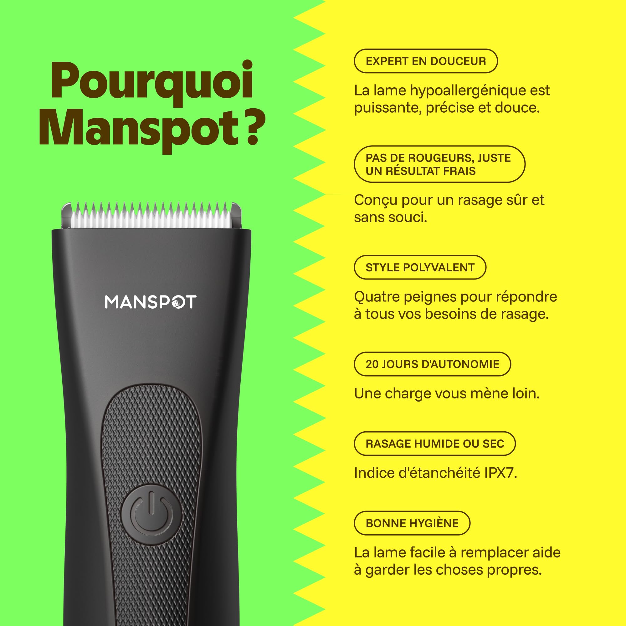 MANSPOT Tondeuse Intime Homme Étanche IPX7 Lame Céramique Hypoallergénique Rasoir Corps Barbe 4 Sabots
