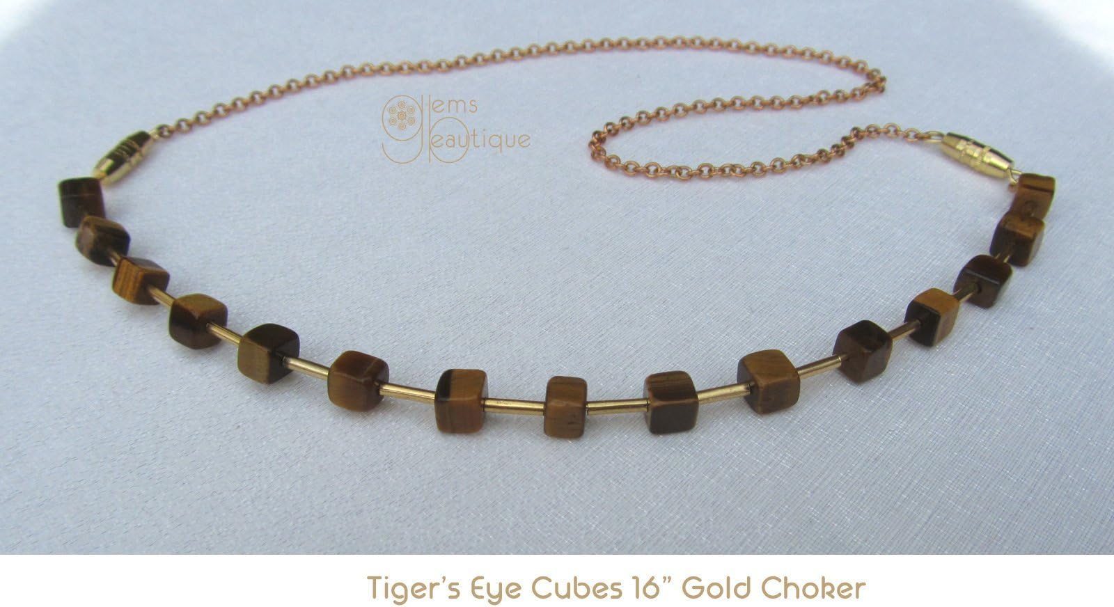 GemsBeautique Tiger's Eye Cubes 16" Gold Choker Necklace. Minimal Geometric Cubic Gold Choker. Genuine Gemstone.Elegant GIFT.