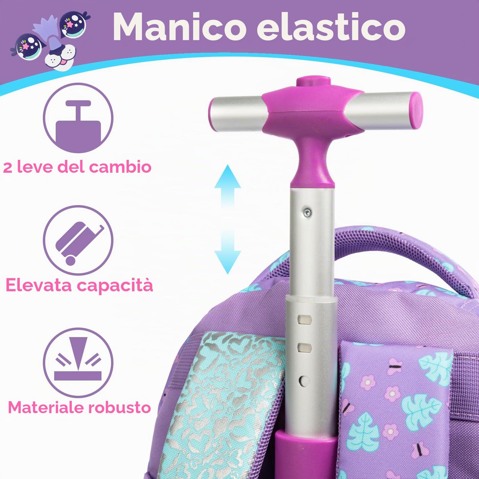 Zaino con Rotelle Bambina Trolley Animale Zainetto Asilo Scuola Elementare Primaria 17” 3PCS Borsa Pranzo Portamatite Media Carrello Ruote Valigia Ragazza per Rullo Valigia da Viaggio Viola