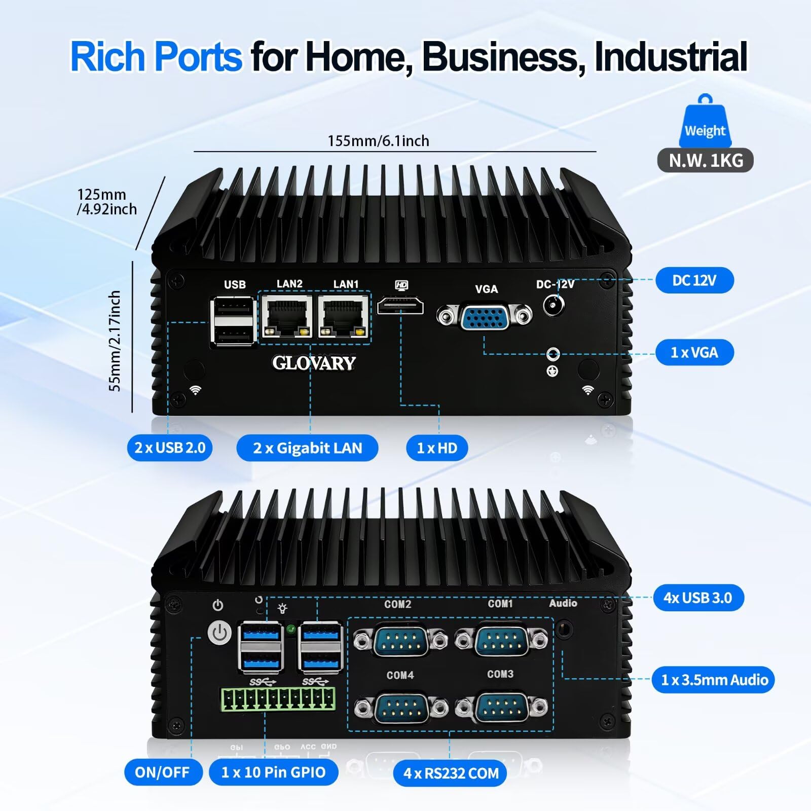 Fanless Mini PC i5 8250U, DDR4 8GB RAM 128GB NVMe SSD, 2 LAN 4 COM Industriale PC, HD VGA Micro Desktop Computer for Home Office, 10 Pin GPIO, 4USB3.0, 2USB2.0, Auto Power On