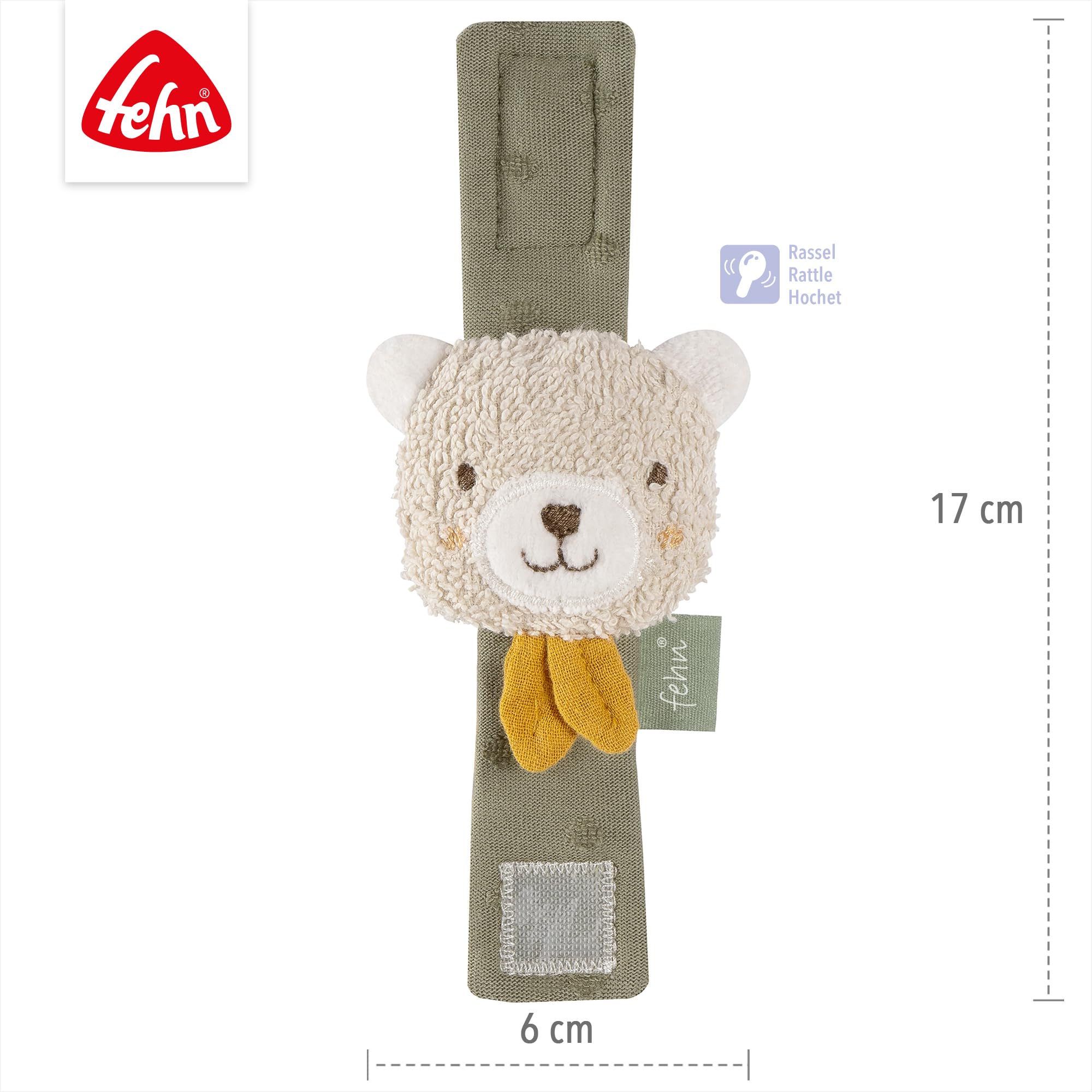 Fehn Rasselarmband Baby Spielzeug Bär – Motorikspielzeug Greifling zum Rasseln, Fühlen – Kuscheltier Babyspielzeug aus Baumwolle – Spielzeug für Babys und Kleinkinder ab 0+ Monaten