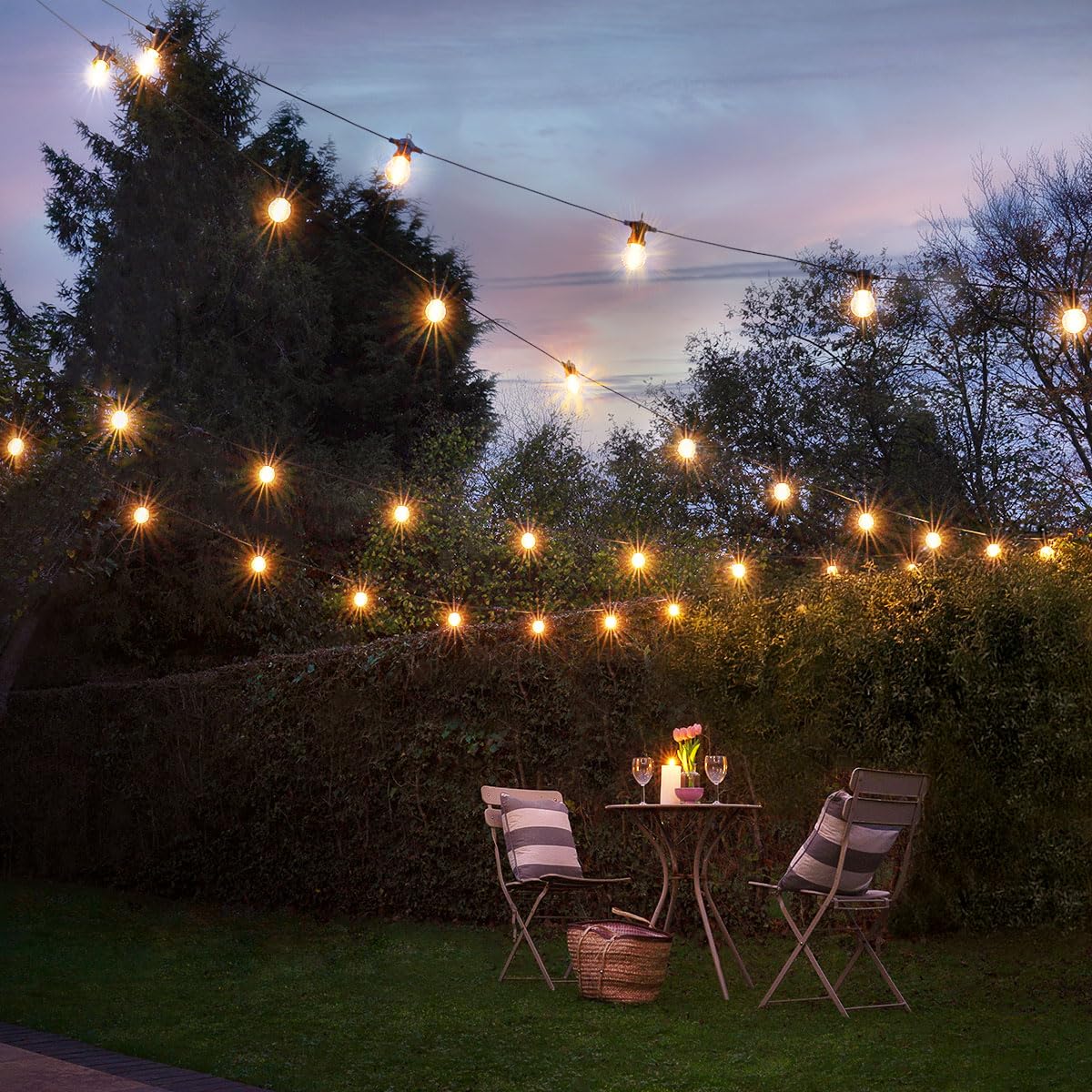 Festive Lights - ConnectGo® 10m Outdoor Mains Powered Connectable G50 Festoon Lights IP65 Black Rubber Cable, Warm White Filament Effect LED Bulbs Garden Wedding Party Decorative Lighting (with Plug)