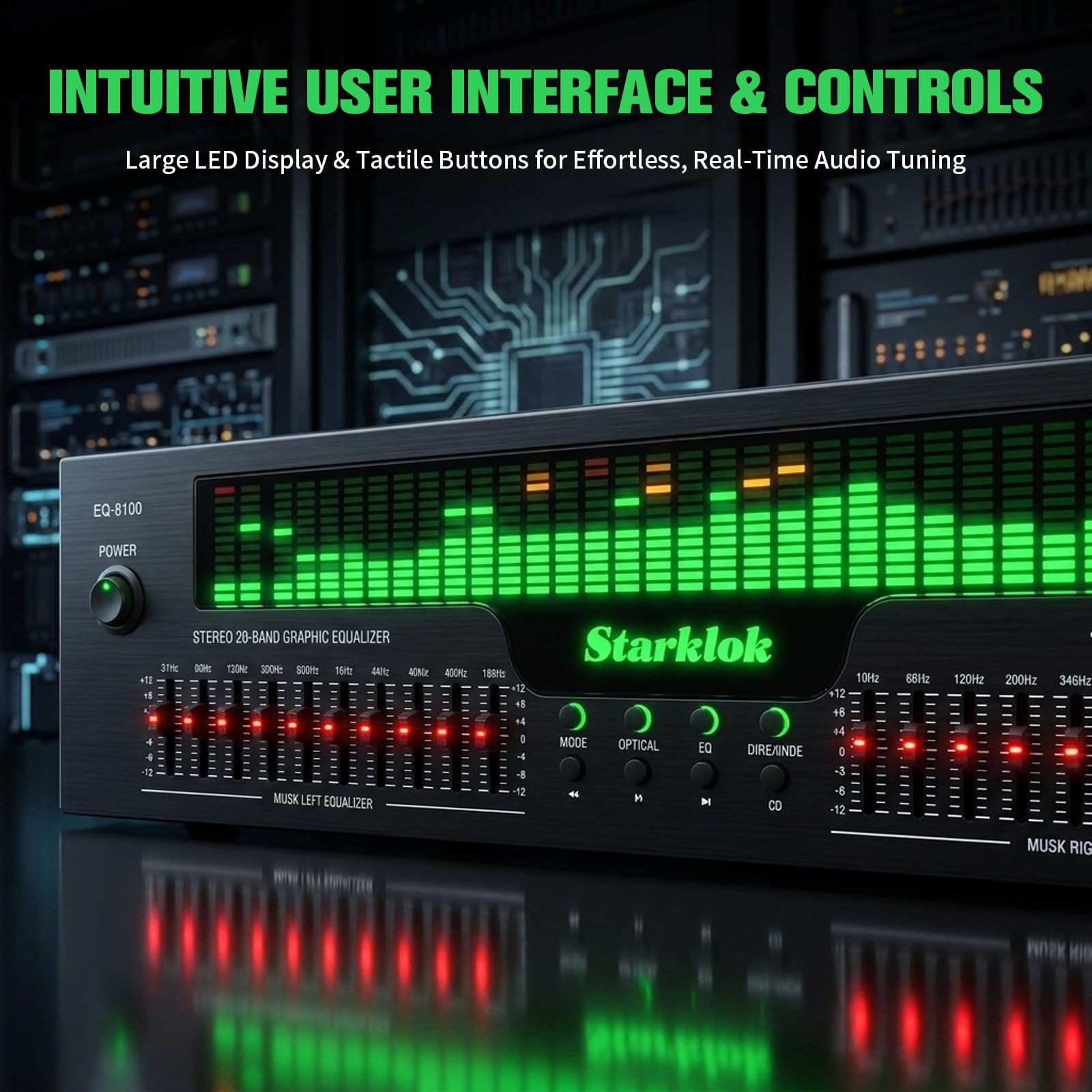 31 Band Digitaler Equalizer, Stereo Graphic Equalizer mit 12 visuellen Rhythmus-Modi, Soundprozessor mit Bluetooth, USB, Optischem/Koaxialem Eingang für Aufnahmestudio Musikdarbietung