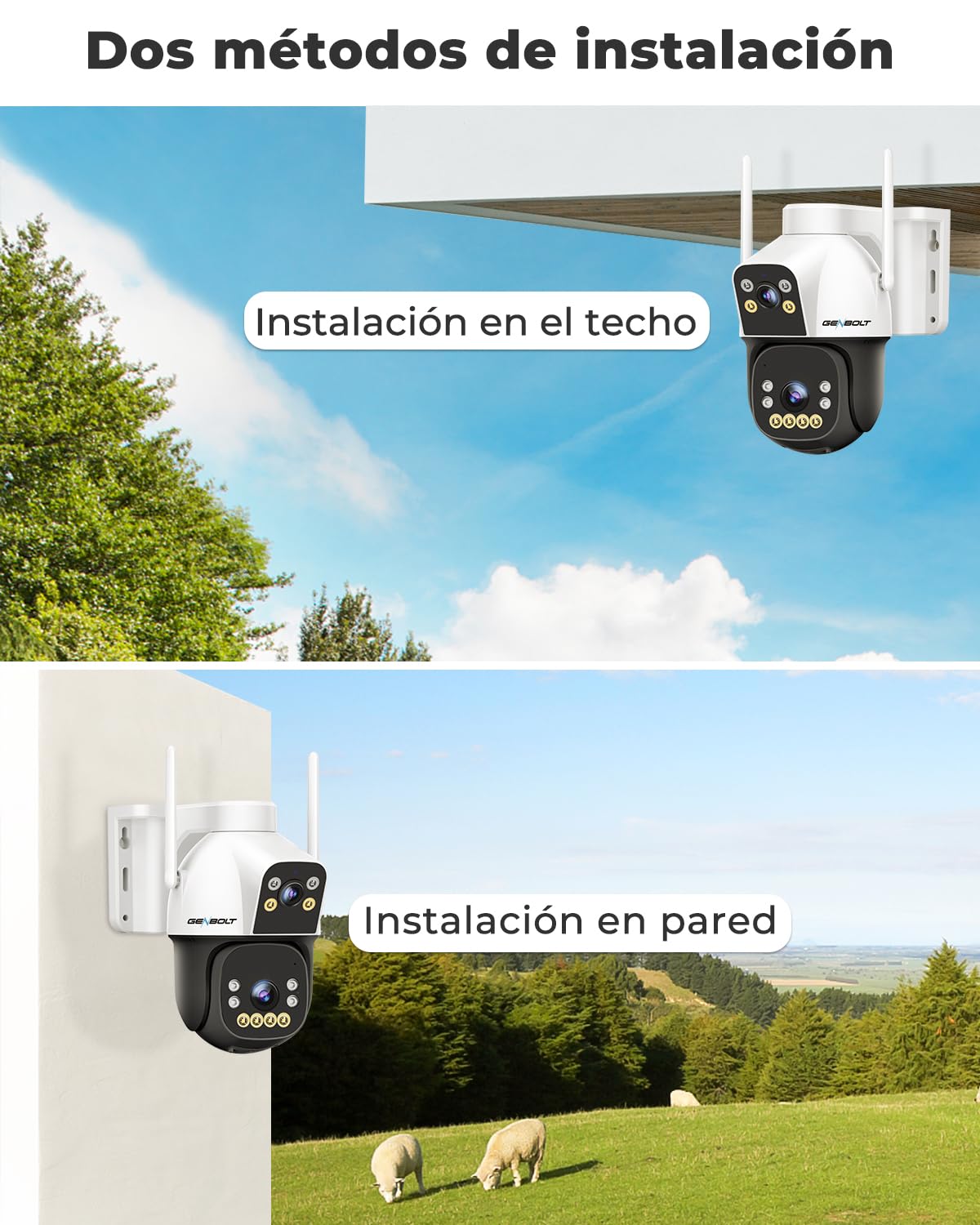 GENBOLT 4G AOV Solar Cámara Vigilancia Exterior Inalámbrica, Grabación 24/7 3MP+3MP Cámara IP Seguridad Exterior con Detección de IA de Tarjeta SIM Batería 15600mAh 8W, CCTV Cámaras Seguridad