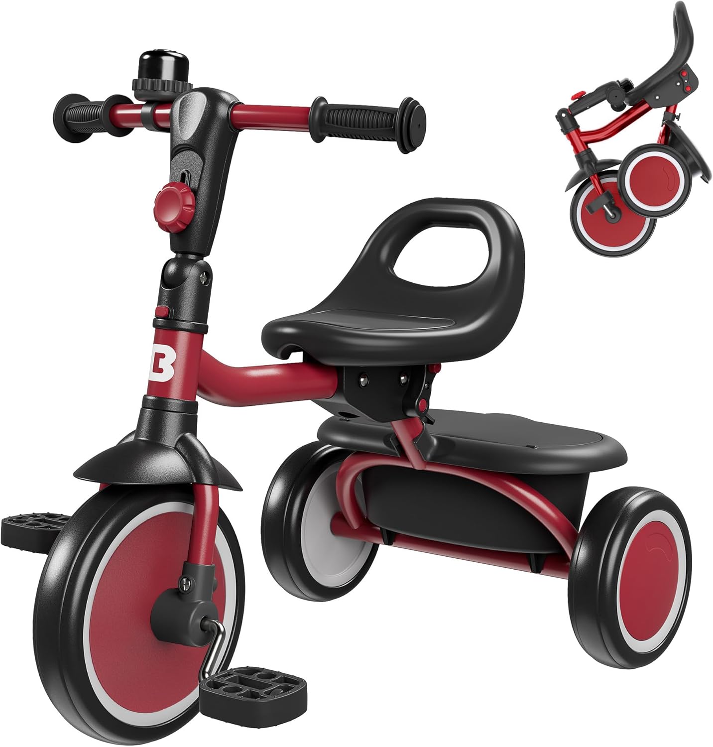 besrey Toddler Tricycle with Bell - 2-in-1 Folding Kids Trike for 18 Months-5 Years, Safe Adjustable Ride, Red