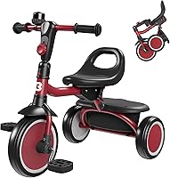 besrey Toddler Tricycle with Bell - 2-in-1 Folding Kids Trike for 18 Months-5 Years, Safe Adjustable Ride, Red