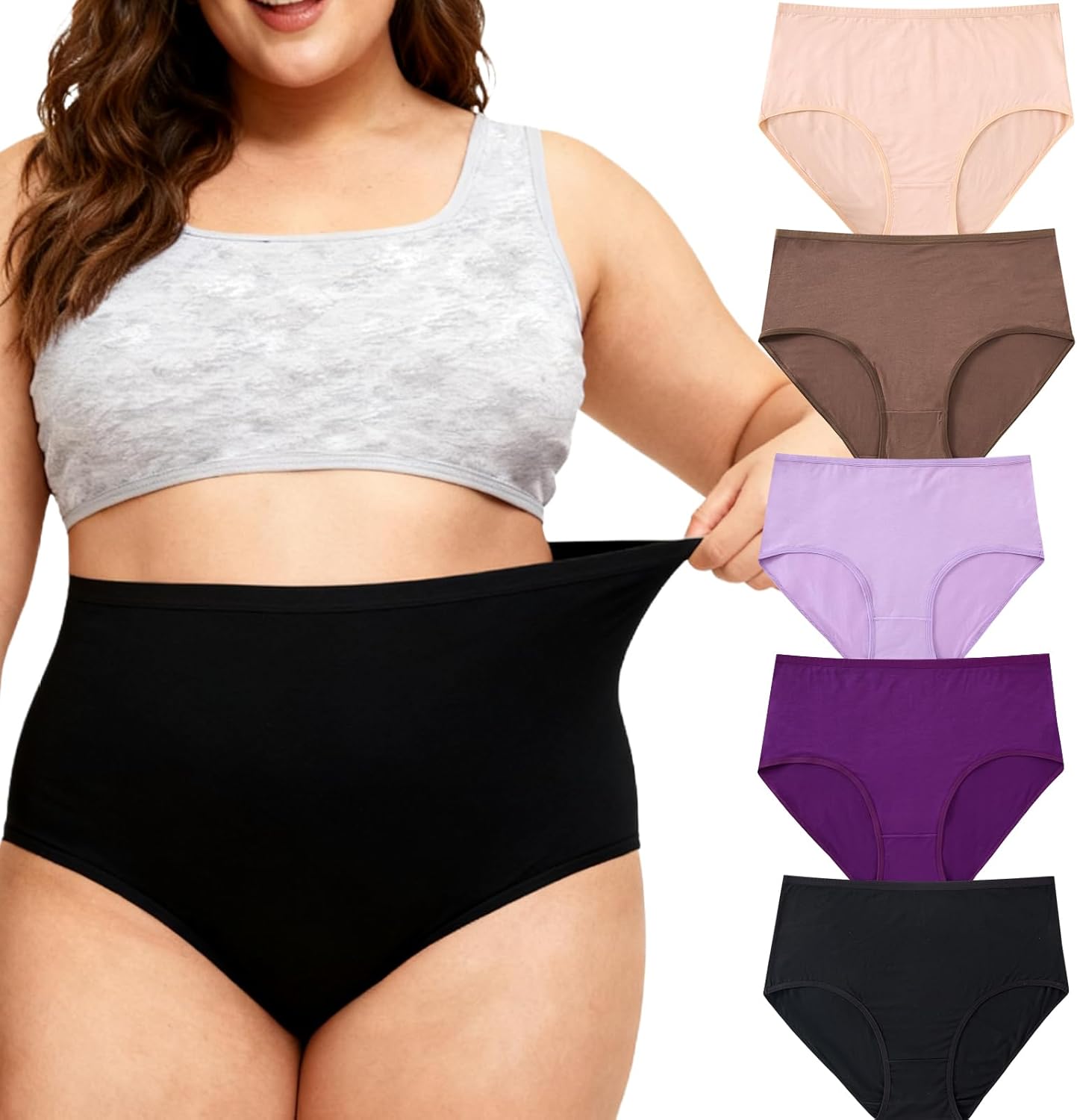 Womens Underwear Cotton Plus Size Briefs XL-5XL Mid High Waist Full Coverage Ladies Panties 5 Pack