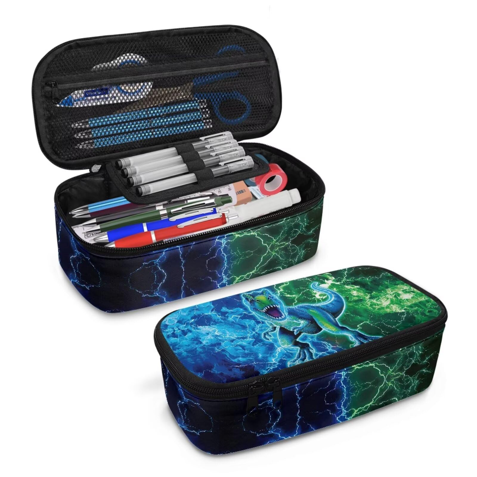 Cool Dinosaur Pencil Case for Boys 6-8 Large Capacity Pencil Pouch for Kids Portable Lightweight Pen Box with Strap for School, Lightning Print