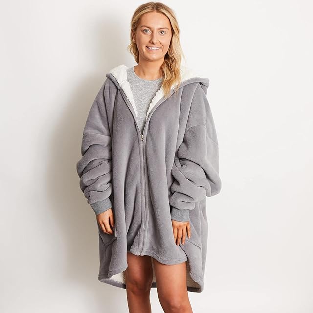 Sienna Zip Up Oversized Blanket Hoodie Wearable Blanket Women Men Hooded Cosy Warm Sherpa Fleece Cardigan, One Size - Charcoal Grey