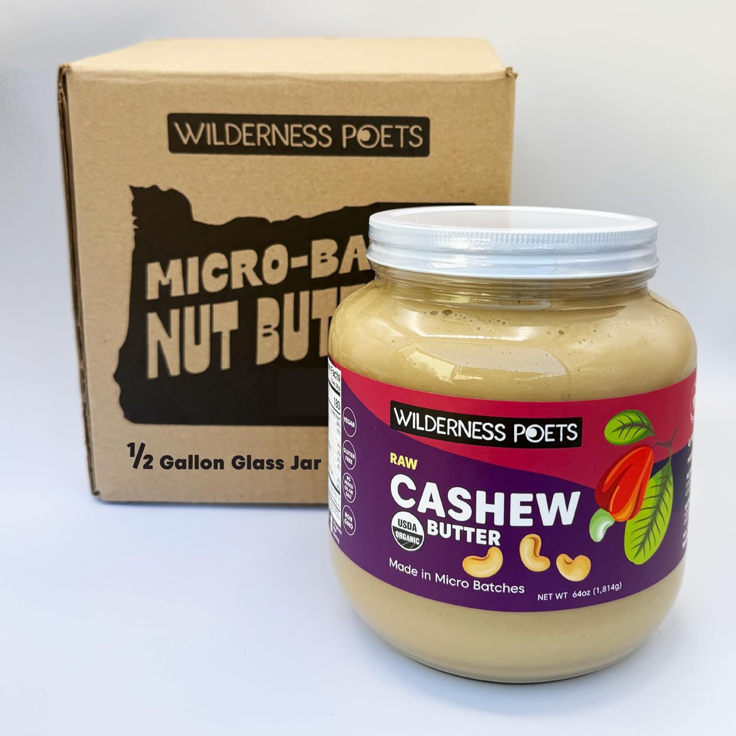Wilderness Poets, Organic Cashew Butter - Raw, Vegan, Paleo, No Added Sugar - Half Gallon Glass Jar, 4 Pound (64 Ounce)