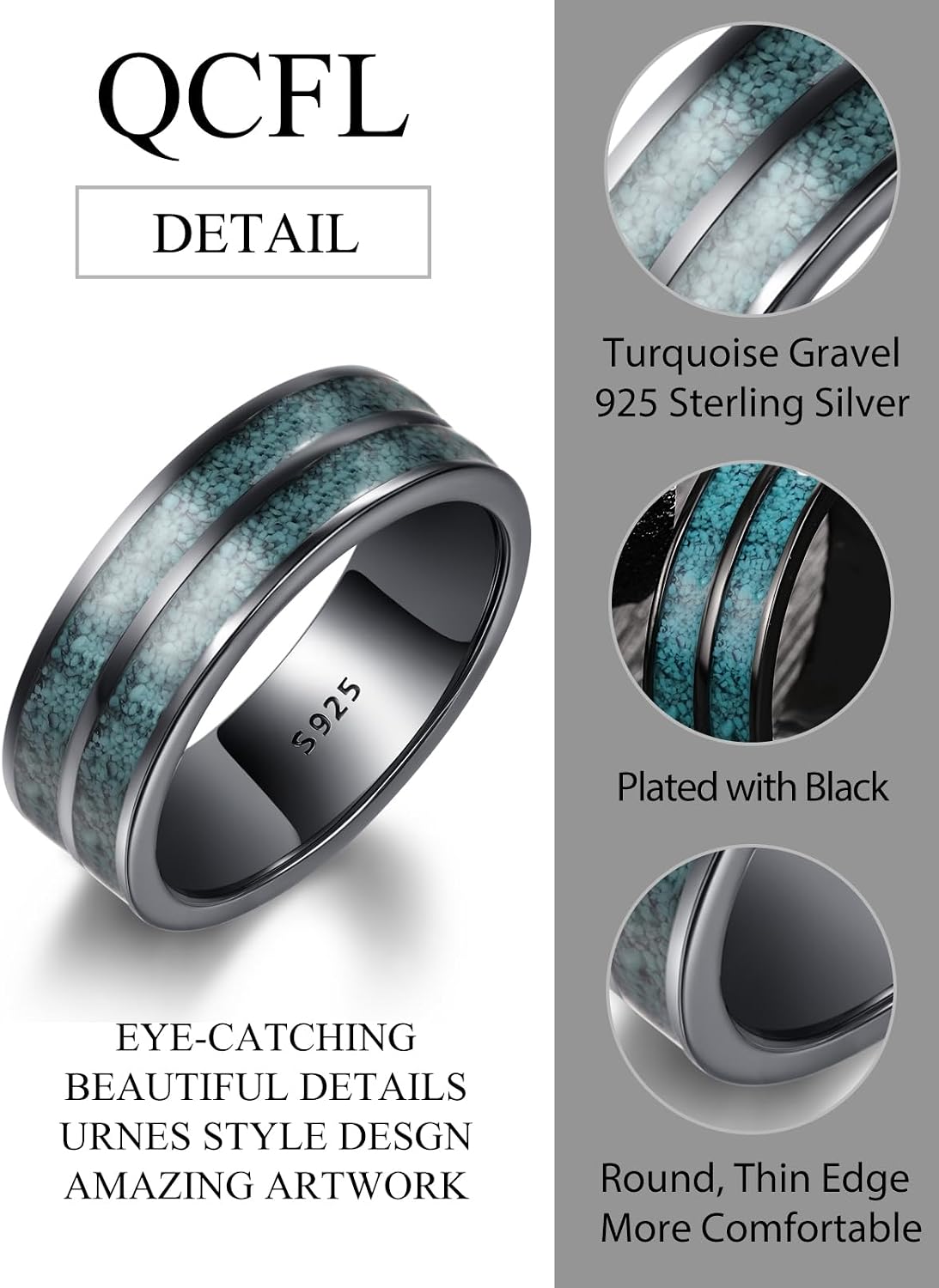 Black Rings for Men, Wedding Bands with Turquoise Wood, 925 Sterling Silver Engagement Promise Ring, High Polished, Comfort Fit Size 5-15