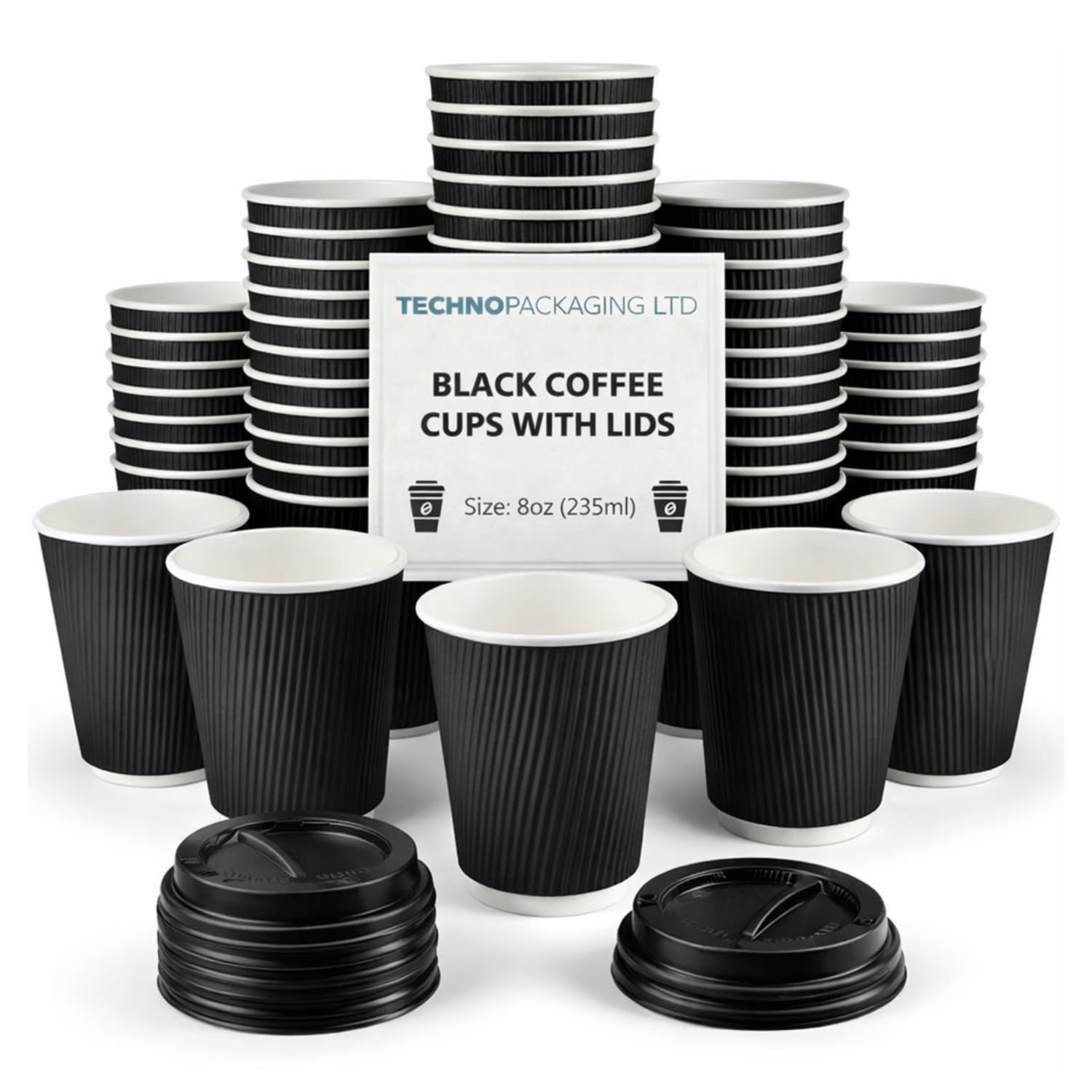 8 oz Black Disposable Kraft Paper Ripple Cups with Lids - Pack of 50 Insulated Triple Wall Takeaway Drinking Cup - Great for Coffee, Tea, and Hot Drinks - Reusable, Leak Proof Travel or Office Cups โ image 1