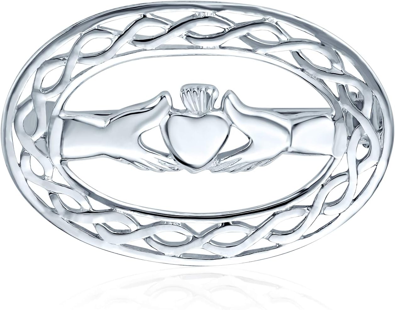 Traditional Irish Celtic Love Knot Oval Hands Heart & Crown Claddagh Scarf Brooch Pin For Women .925 Sterling Silver