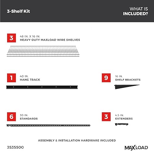 Miniatura 3 de ClosetMaid MaxLoad - Kit de estante de pared resistente para garaje, 3 estantes, estanterías de alambre ShelfTrack ajustables, acabado negro